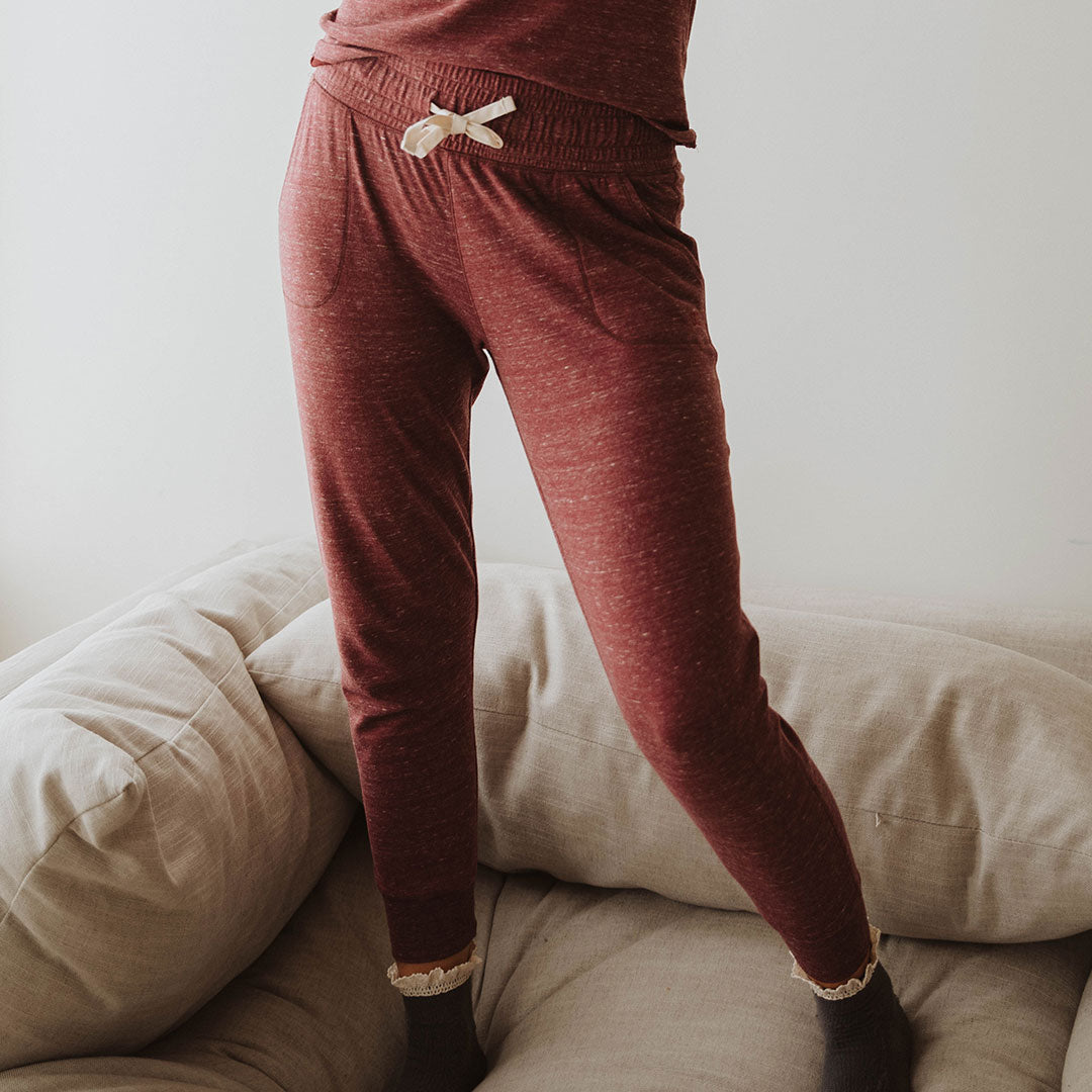Cozy Cabin Fever Jogger Pants for Women - Soft Heather Maroon Lounge Pants - Perfect for Relaxing at Home, Yoga & Winter Comfort