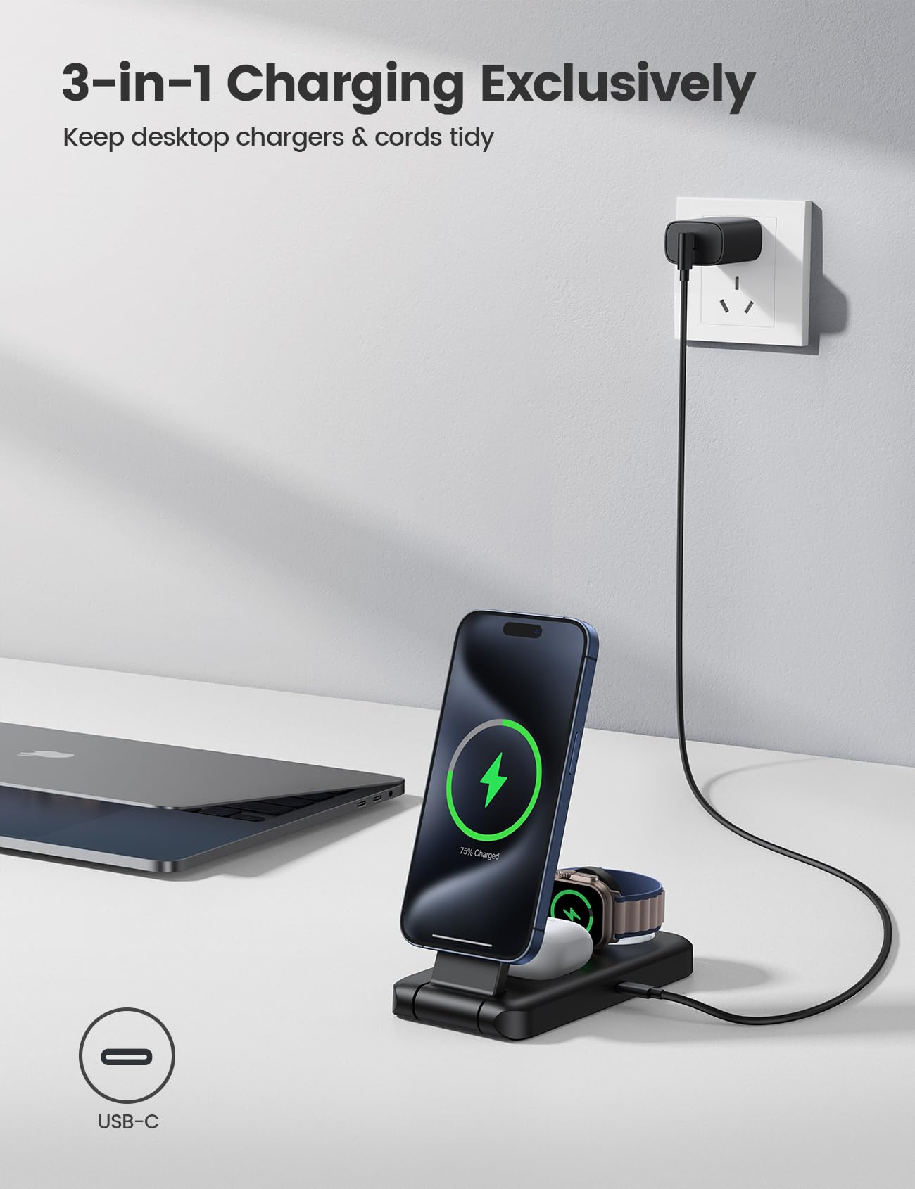 Lamicall 3-in-1 Magnetic Wireless Charging Station for iPhone 16/15/14/13 Pro/Pro Max, Apple Watch & AirPods - Foldable Fast Charger Stand with Magsafe | Portable Travel Charger for Home, Office & Car Use