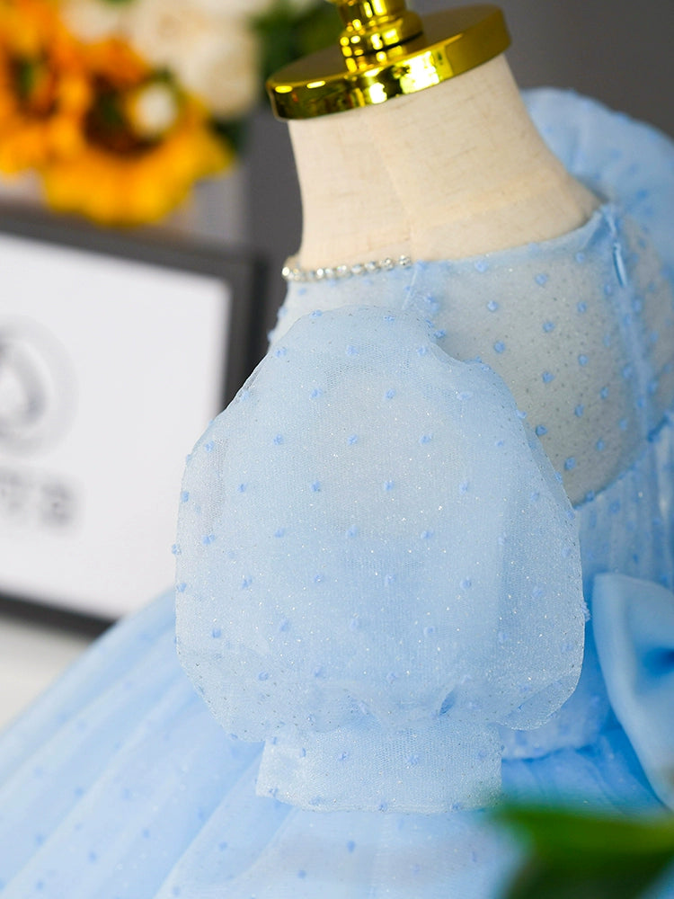 Royal Blue Princess Round Neck Tea-Length Tulle Flower Girl Dress for Weddings & Special Occasions