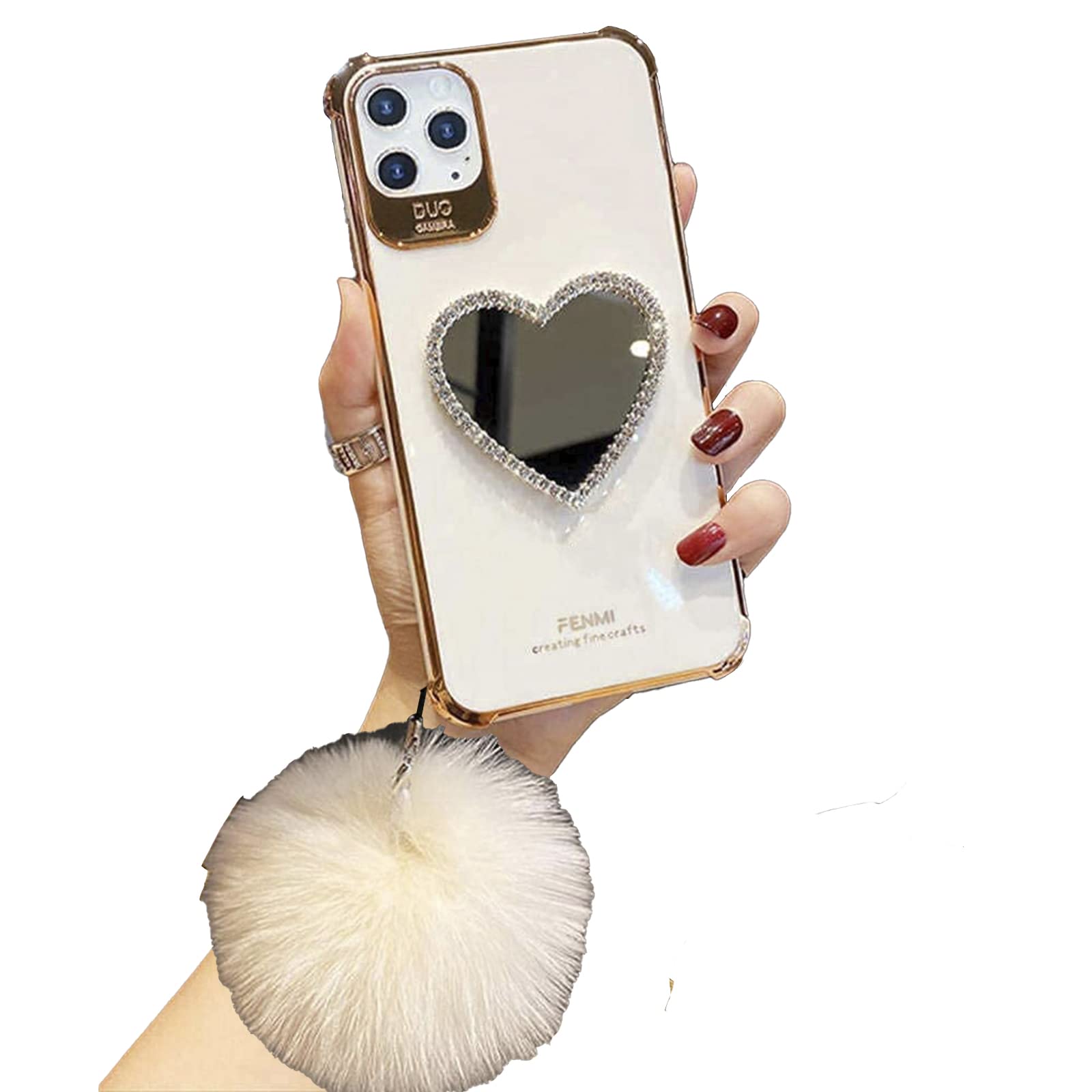 Luxury Bling Heart-Shaped iPhone 11 Case with Makeup Mirror - Cute Girly Protective Phone Cover with Shining Rhinestones (White) | Perfect for Parties, Selfies & Everyday Glam