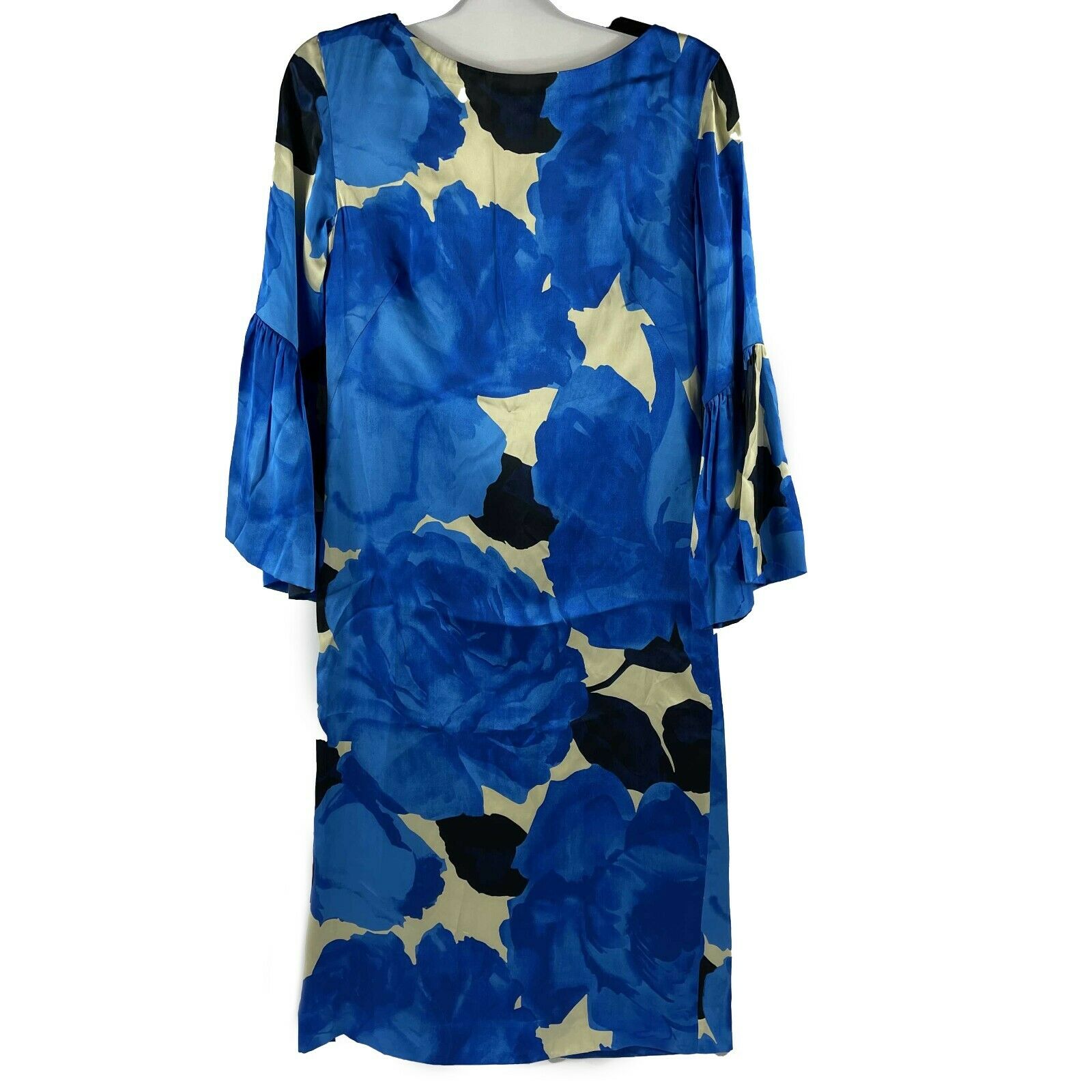 Dries Van Noten Blue Floral Satin Dress - Elegant Midi Dress in Blue, White & Black | Size IT34/US00 | Perfect for Weddings, Parties & Special Occasions