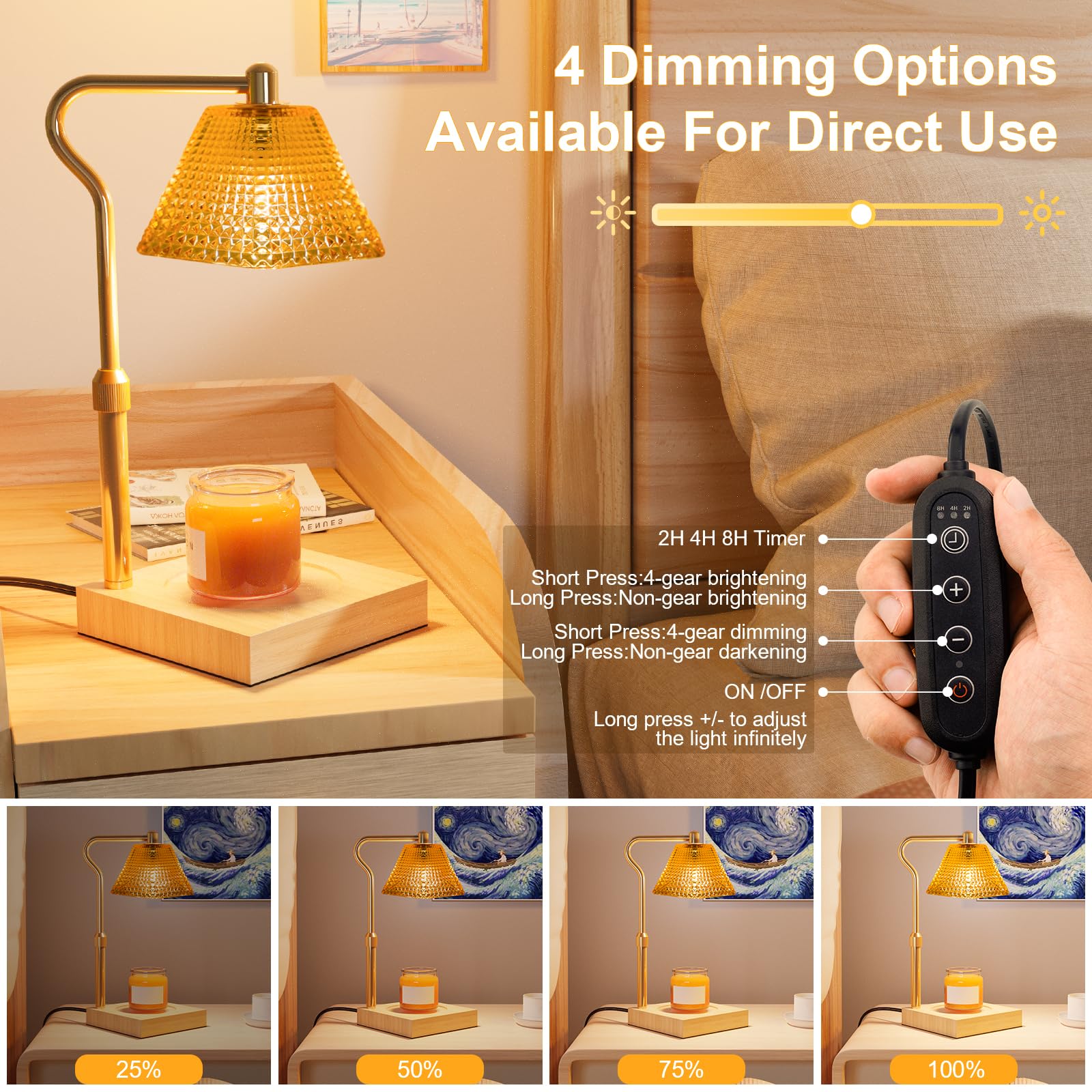 Electric Candle Warmer Lamp with Timer & Dimmer - Adjustable Height Wax Melt Warmer with 2 Bulbs - Scented Candle Heater for Home Decor & Aromatherapy - Perfect for Living Room, Bedroom, Spa & Office (Gold)