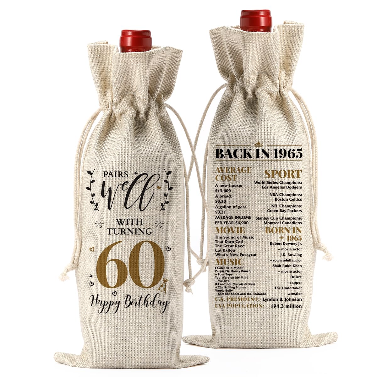 Funny 60th Birthday Wine Gift Bag for Women & Men - Perfect 60 Year Old Birthday Party Decorations, Retirement & Anniversary Gifts for Mom, Dad, Grandparents - Great for Wine Lovers & Celebration Favors