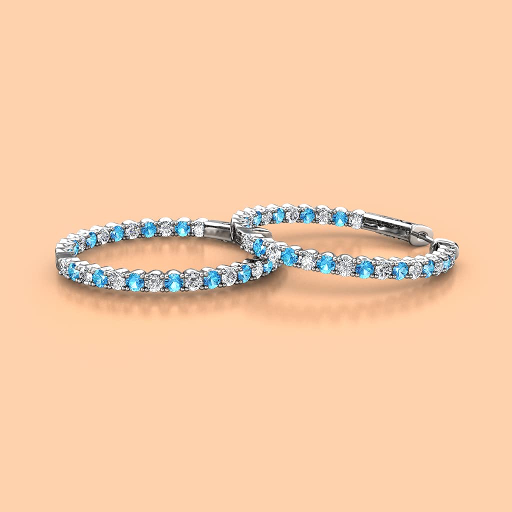 14K White Gold Blue Topaz & Natural Diamond Inside-Out Hoop Earrings 1.43 ctw - Elegant Jewelry for Women, Perfect for Weddings, Parties & Special Occasions