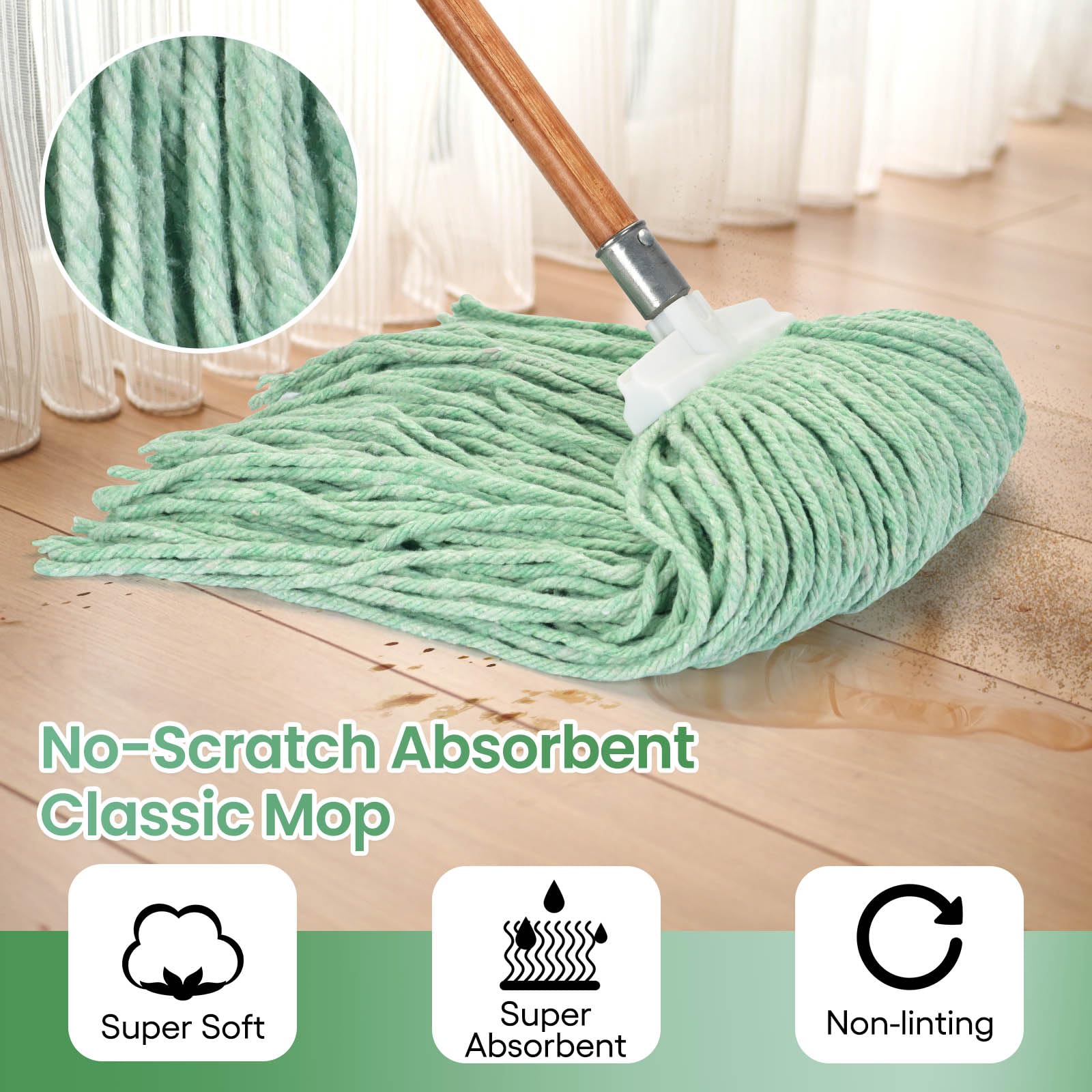 Matthew Heavy Duty Cotton Wet Mop Replacement Heads (Green, Large, 3-Pack) with 2 Microfiber Cloths for Residential & Commercial Floor Cleaning - Fits Standard American Screw - Ideal for Hardwood, Tile & Laminate Floors