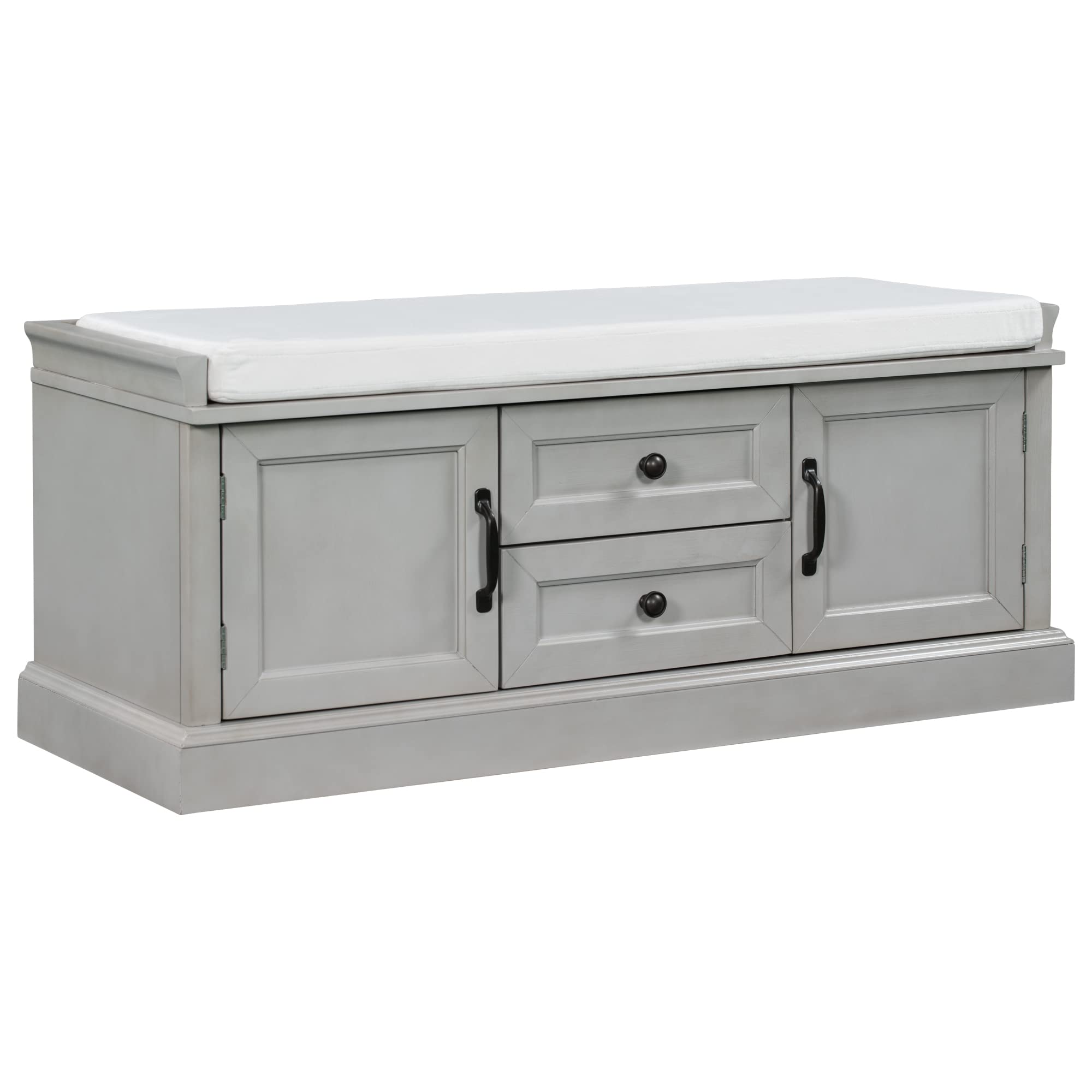 Rustic Gray Wash Wooden Storage Bench with 2 Cabinets & 2 Drawers - Entryway Shoe Bench with Removable Cushion for Bedroom, Hallway & Living Room Organization | Perfect for Small Space Storage & Entryway Decor