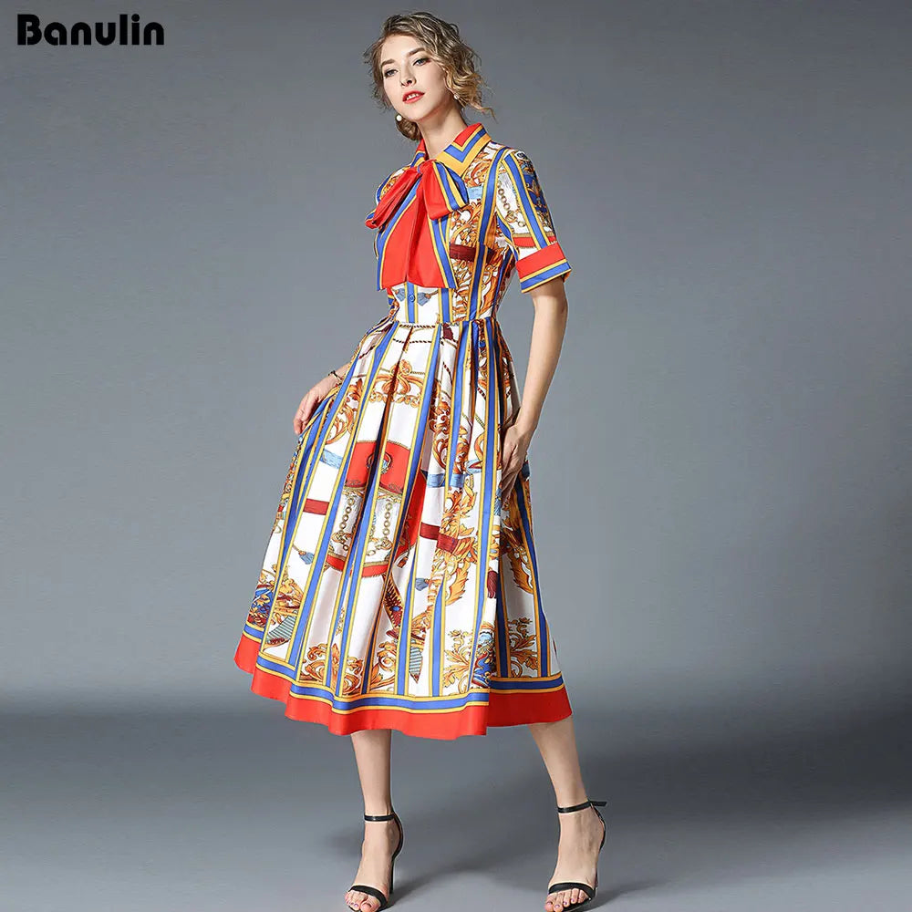 Banulin Women's Summer Short Sleeve Collar Stripe Printed Bow Midi Dress - 2020 Newest Runway Designer Fashion for Beach, Party & Casual Wear