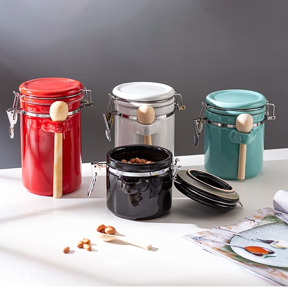 Airtight Ceramic Storage Jars for Coffee, Tea & Sugar - 4-Pack Kitchen Food Containers with Clip Top Lid | Perfect for Pantry Organization, Coffee Bean Storage & Tea Caddy | Glazed Round Canisters for Freshness & Aroma Preservation