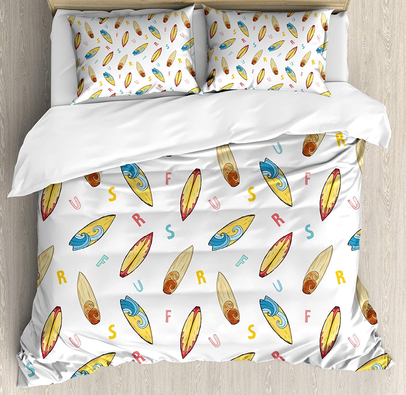 BedBed UP Surfboard 3-Piece Full Bedding Set - Hand Drawn Sketch Style Longboard Comforter, Duvet Cover & 2 Pillowcases - Coastal Decor for Kids, Teens & Adults - Perfect for Beach House, Dorm Room or Surf Lover's Bedroom