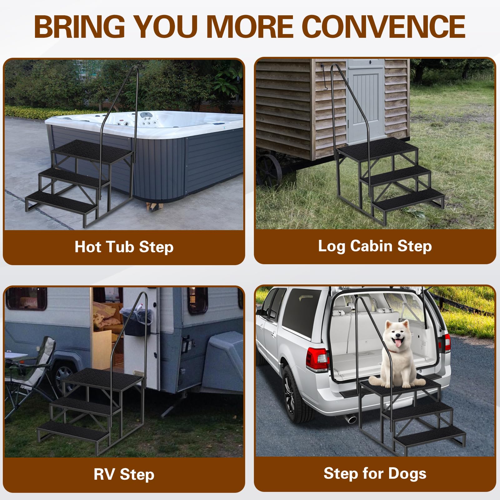 **3-Step Hot Tub Ladder with Handrails – Anti-Slip RV Stairs for Pool, Camper, Trailer & Porch – Durable Above Ground Spa Steps (2 Handrails) for Safe & Easy Access**    *(Perfect for Hot Tubs, Swimming Pools, RV Steps, and Outdoor Deck Use)*