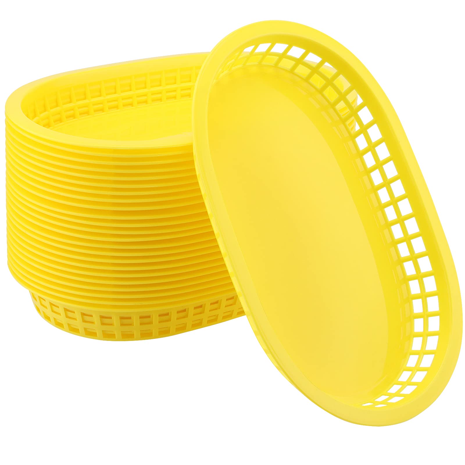 24 Pack 11x7 Inch Yellow Plastic Fast Food Serving Baskets - Oval Shaped Deli Food Service Containers for Burgers, Hot Dogs, Sandwiches, Fries & BBQ | Perfect for Restaurants, Food Trucks, Catering & Outdoor Parties
