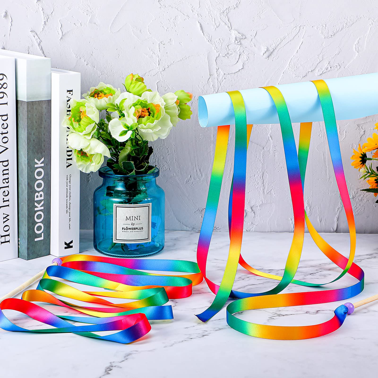 2 Pcs 8ft Rainbow Silk Streamer Ribbon Stick - Gymnastics Dance Wand for Kids, Artistic Performance, Gym Training, Circus Baton Twirling - Perfect for Dance Recitals, Birthday Parties & Outdoor Play