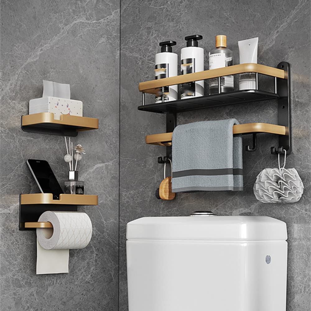 Premium Aluminum Bathroom Paper Holder & Phone Shelf - Black & Gold Toilet Paper Roll & Tissue Box Organizer - Space-Saving Towel Rack for Modern Bathrooms - Perfect for Small Bathrooms & Powder Rooms (Style B1)