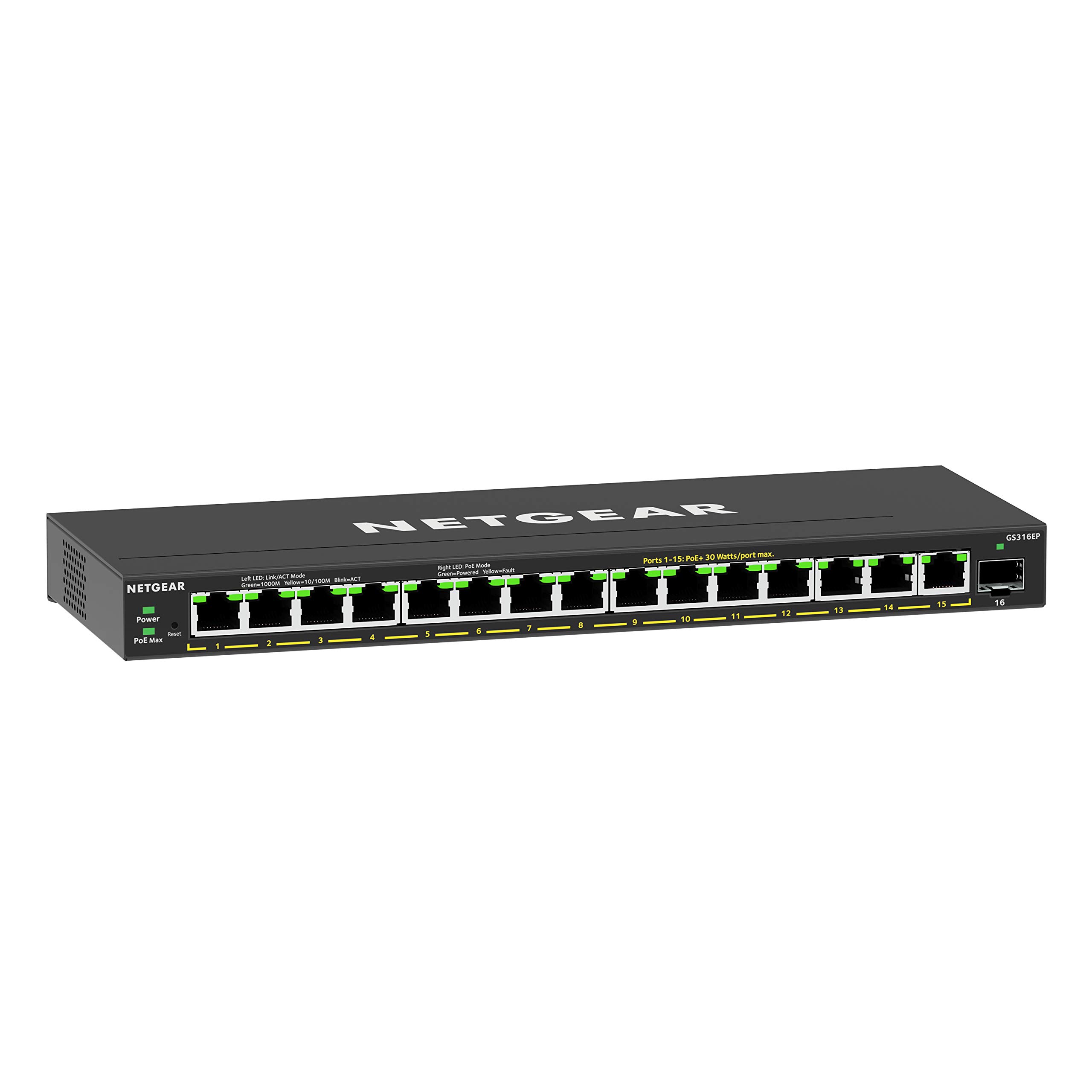 NETGEAR GS316EP 16-Port Gigabit PoE+ Managed Switch - 15 x PoE+ Ports @180W, 1 x 1G SFP, Desktop/Wall Mount | Ideal for Office Network, IP Camera System & Small Business Setup