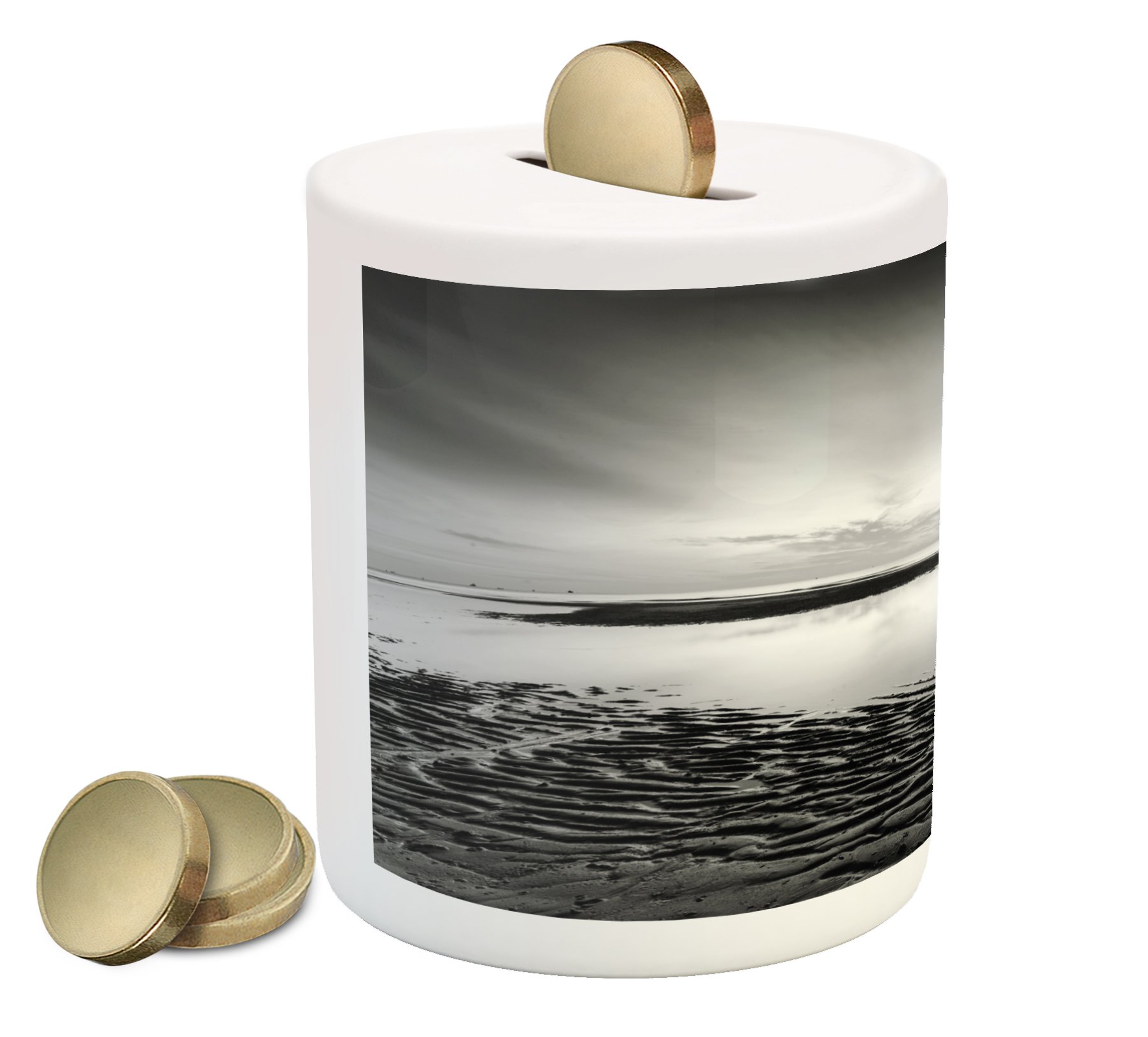 Ambesonne Black and White Ceramic Piggy Bank with Beach Sunrise Design - Money Saving Coin Bank for Kids & Adults - Perfect for Home Decor, Birthday Gifts, and Financial Education
