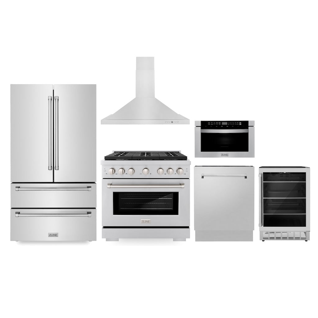 ZLINE 36-inch Stainless Steel Kitchen Package - Gas Range, Range Hood, Microwave Drawer, Dishwasher & Beverage Fridge | Premium Appliance Bundle for Modern Kitchens | Perfect for Home Chefs & Entertaining Guests