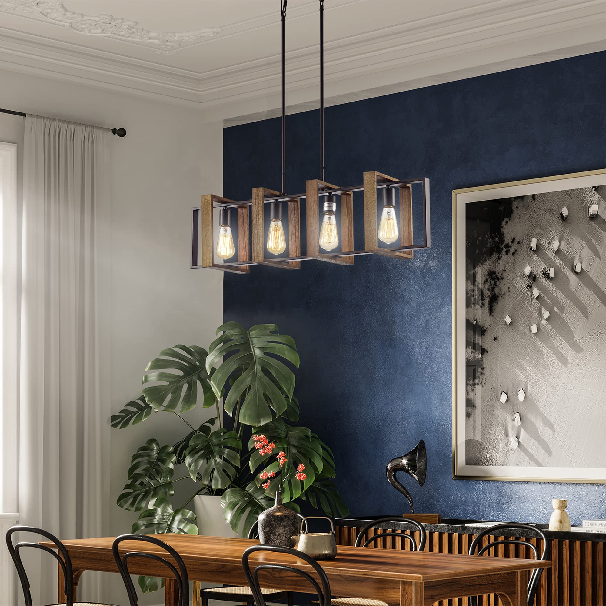 Modern 4-Light Matte Black & Wood Linear Chandelier with Exposed Edison Bulbs - Farmhouse Dining Room Lighting for Kitchen Island, Entryway, or Living Room