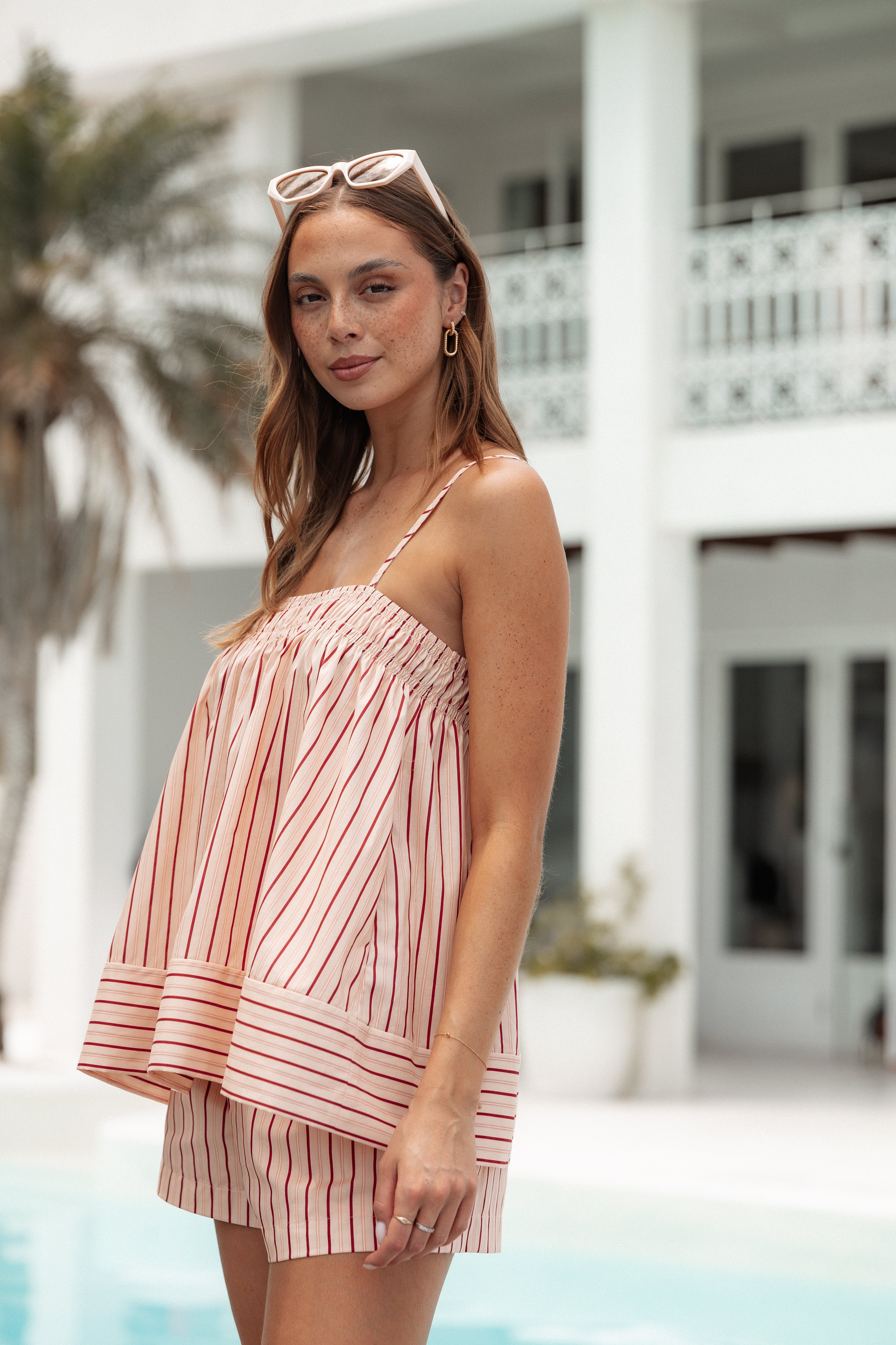 Aiesha Women's Short Sleeve Top & Shorts Set - Pink Striped Summer Outfit for Beach, Casual Wear & Vacation