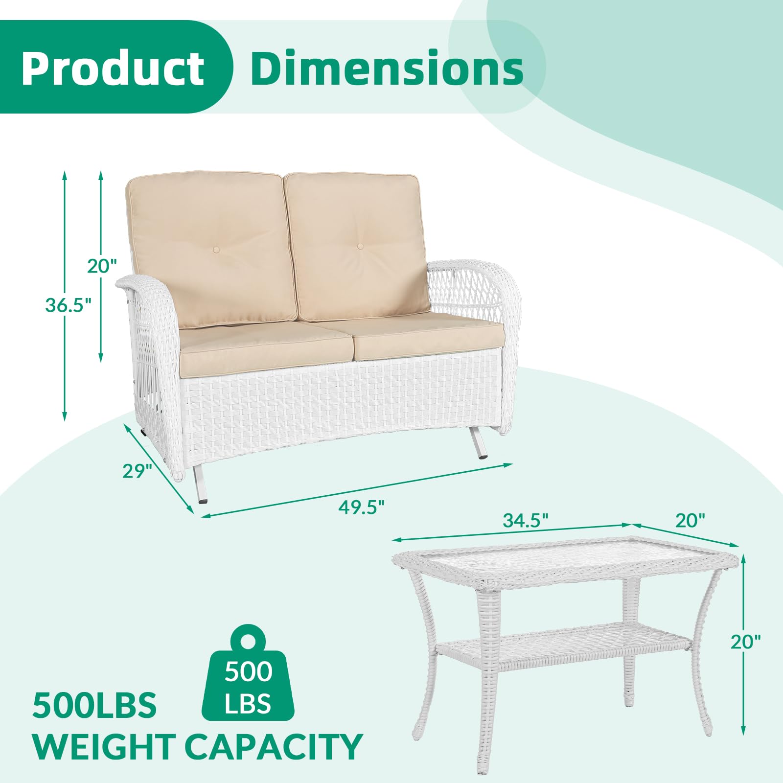 VIVIJASON 2-Piece White Wicker Loveseat Glider Set with Cushions - Outdoor Patio Conversation Furniture with 2-Seater Rocking Bench & Coffee Table - Perfect for Porch, Garden, Poolside, and Backyard Relaxation - Beige