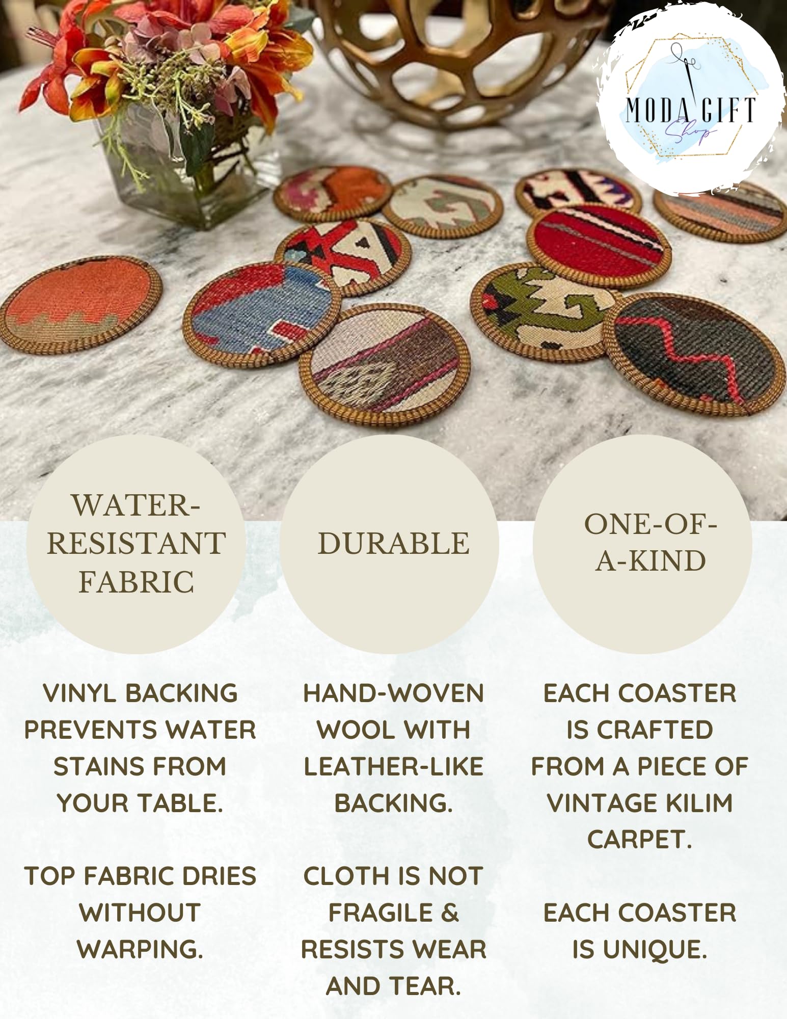 Authentic Turkish Kilim Coaster Set - 6 Bohemian Fabric Coasters for Drinks, Midwestern Home Decor & Table Setting - Handwoven Cotton Coasters for Coffee Tables, Dining & Gift Giving