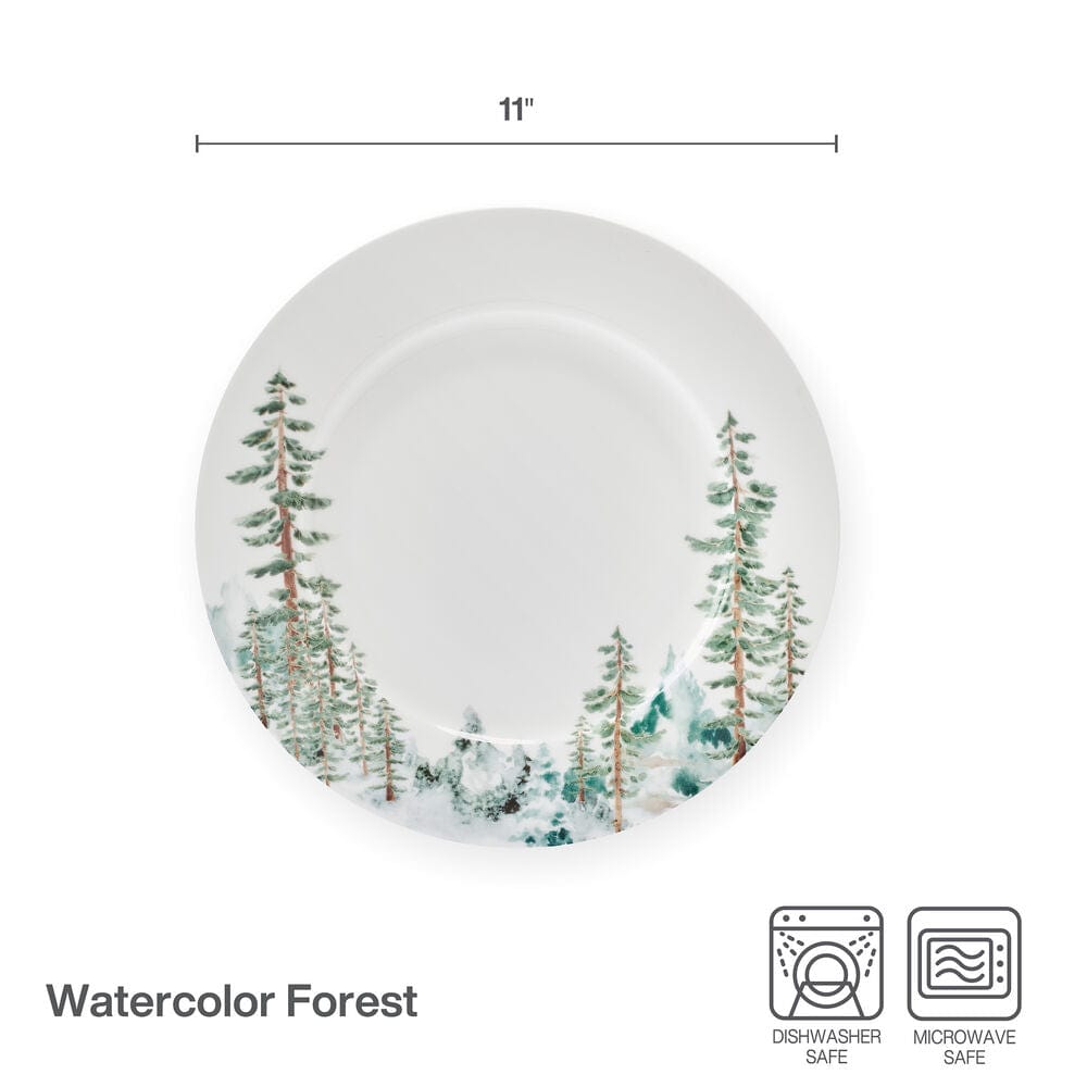 Set of 4 Watercolor Forest Design Ceramic Dinner Plates - Elegant Tableware for Home Dining, Parties & Gift Giving