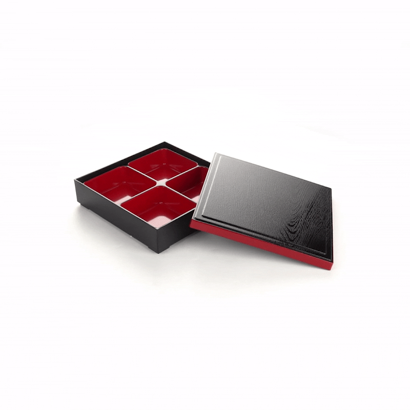 Premium Japanese Style Bento Box - 4 Compartment Square Lunch Container (10x10x2.25 Inches) - Black & Red Design - Ideal for Office, School & Picnic Meals - 1 Count