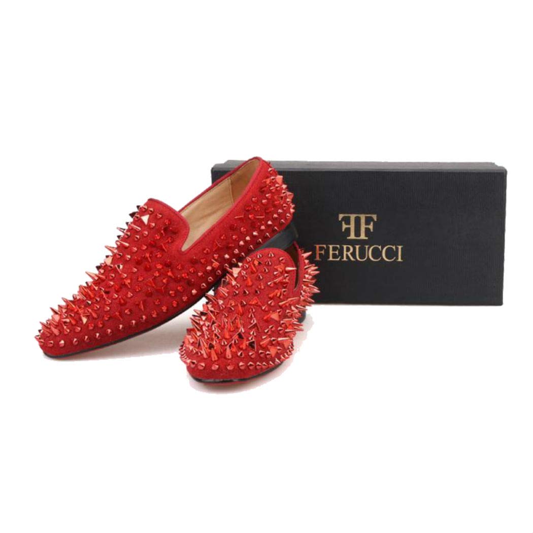 FERUCCI Men's Red Velvet Loafers with Spikes - Comfortable House Slippers for Indoor/Outdoor Wear - Perfect for Lounge, Home, and Casual Occasions