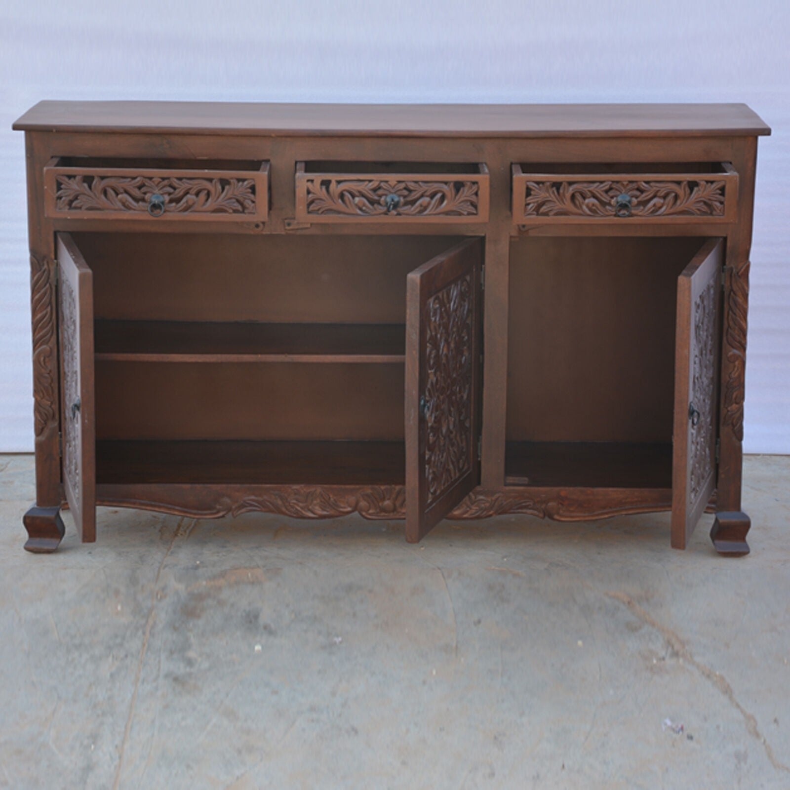 Solid Wood Carved Jali Door Sideboard - Handcrafted Brown Cabinet for Living Room & Dining Room Storage | Traditional Indian Furniture for Home Decor