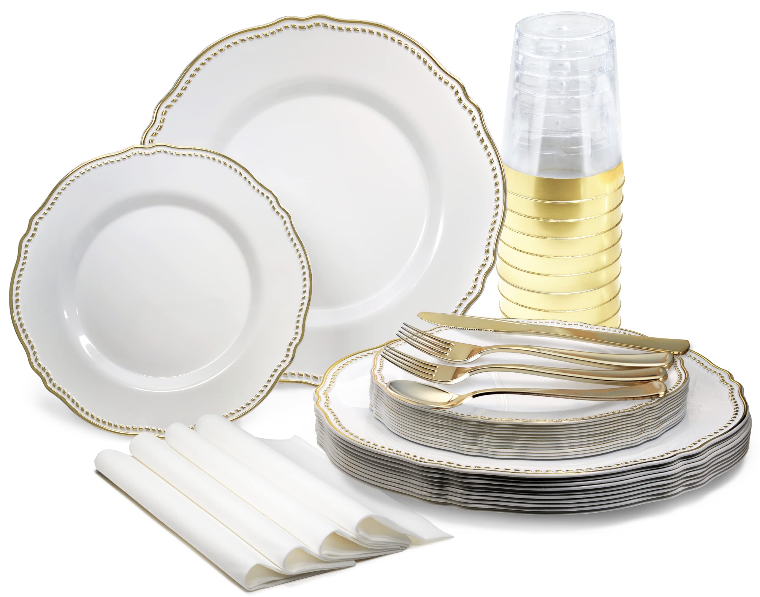 200-Piece Disposable Plastic Wedding Plates & Cutlery Set (25 Guests) - 10.25'' Dinner Plates, 7.5'' Dessert Plates, Gold Rim Cups & Silverware with Paper Napkins - Rochelle White and Gold for Weddings, Parties & Special Events