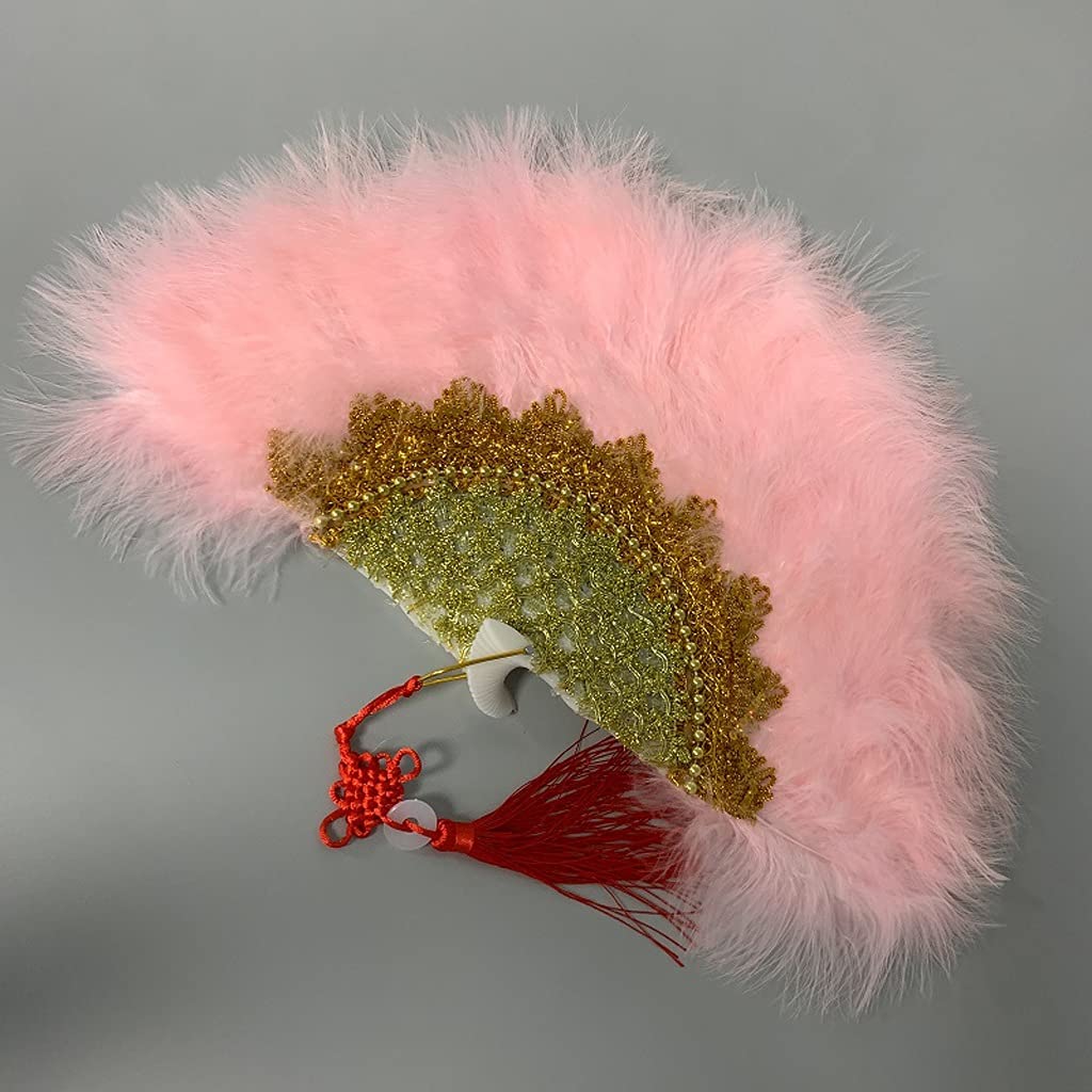 Custom Wedding Feather Hand Fan with Gold Decoration - Handmade DIY Bridal Accessory for Bride, Photo Props & Party Favors (Pink) | Perfect for Weddings, Bridal Showers & Vintage-Themed Events