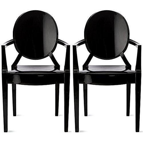 2-Pack Black Modern Glam Ghost Chairs with Arms - Clear Acrylic Dining Chairs with Mirror Finish - Perfect for Dining Room, Living Room, Bedroom, Office Desk, Vanity & Outdoor Decor