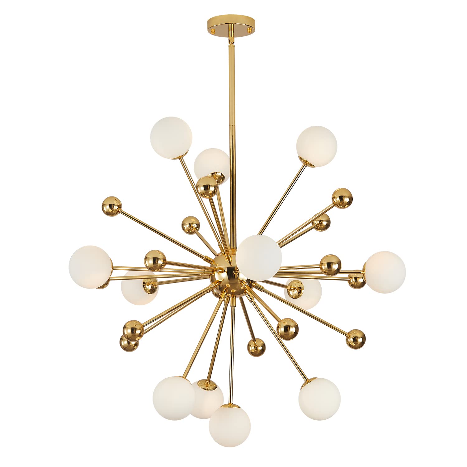 Modern Gold Sputnik Chandelier - 12-Light Milk Glass Globe Pendant Light Fixture - Mid Century Starburst Chandelier for Dining Room - Contemporary Ceiling Hanging Lamp - Perfect for Living Room, Bedroom & Kitchen Lighting Decor