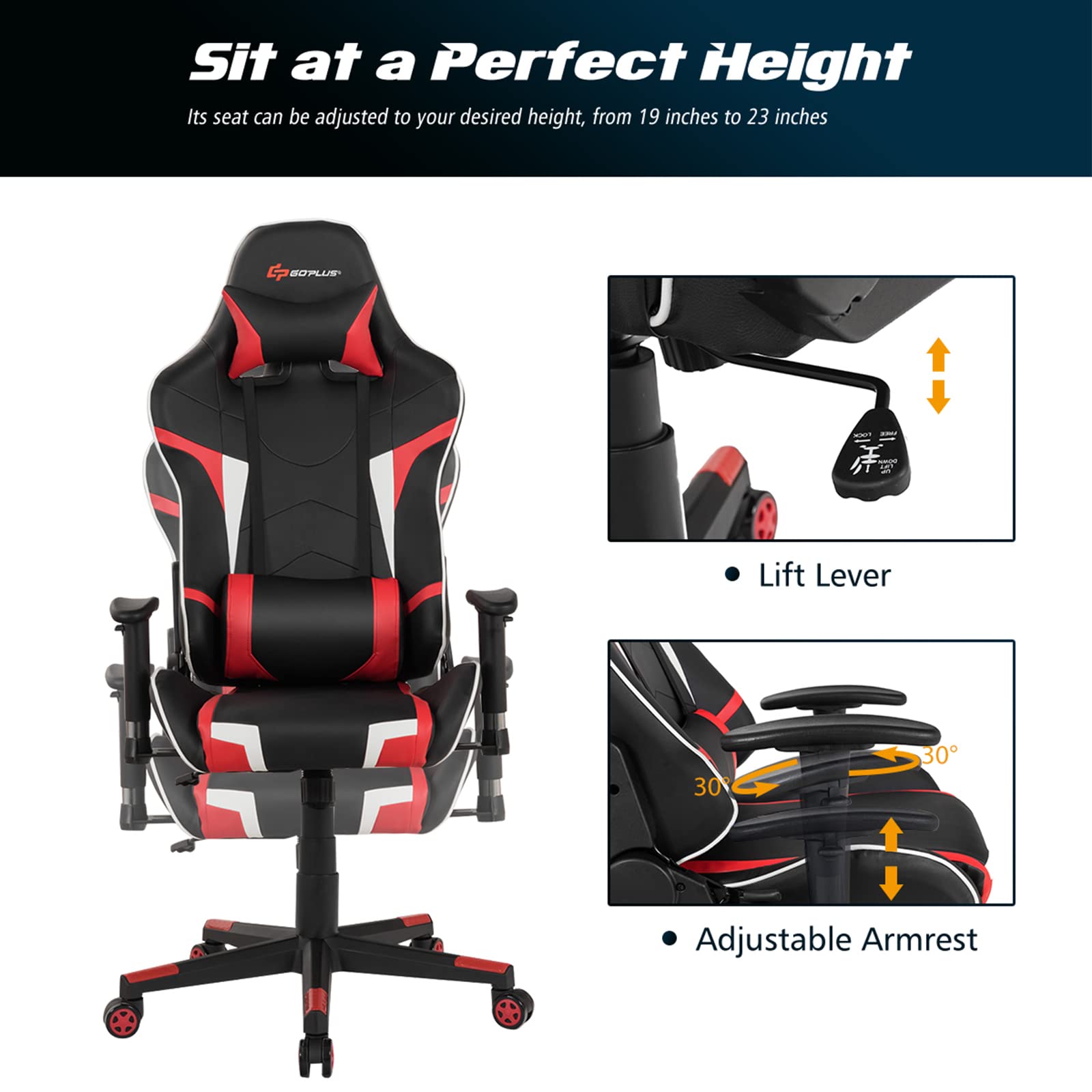 Ergonomic Massage Gaming Chair - High Back Office Computer Chair with Adjustable Headrest & Lumbar Support, Racing Style Recliner Swivel Chair for Home & Gaming - Perfect for Esports, Work from Home & Relaxation (Red)