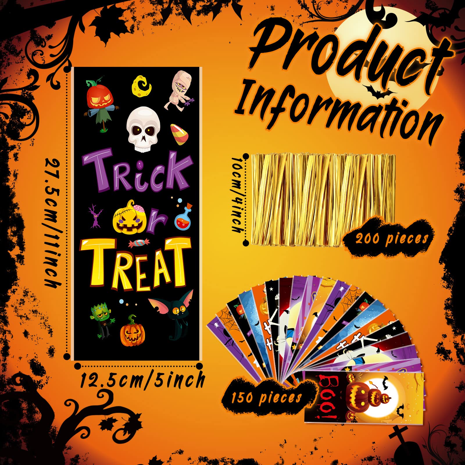 150-Piece Halloween Cellophane Treat Bags with 200 Golden Twist Ties - Small Candy Cookie Goodie Bags for Halloween Party Favors, Trick or Treat, Classroom Treats & Gift Wrapping