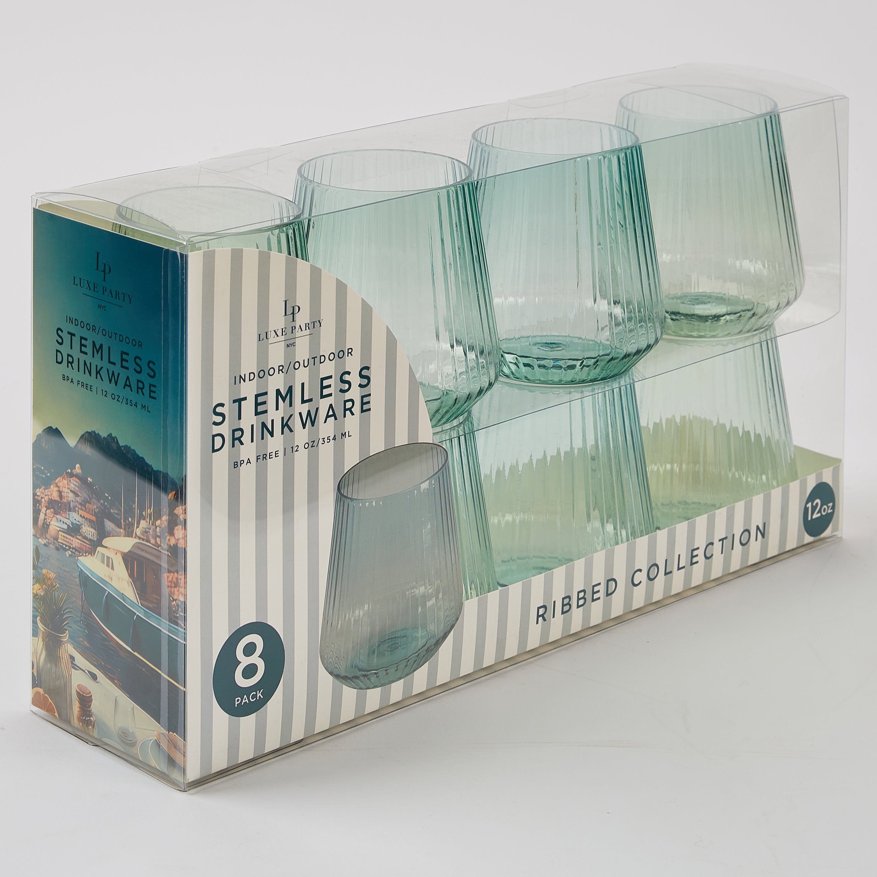 12 oz. Blue Plastic Stemless Ribbed Wine Goblets - 8 Pack Set for Outdoor Parties, Picnics & BBQs - Shatterproof & Reusable Drinking Cups