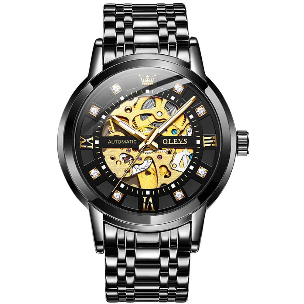 OLEVS Automatic Skeleton Watches for Men - Luxury Mechanical Gold Wristwatch with Diamond Accents, Stainless Steel Case, Waterproof & Luminous - Perfect for Business, Formal Events & Gift Giving