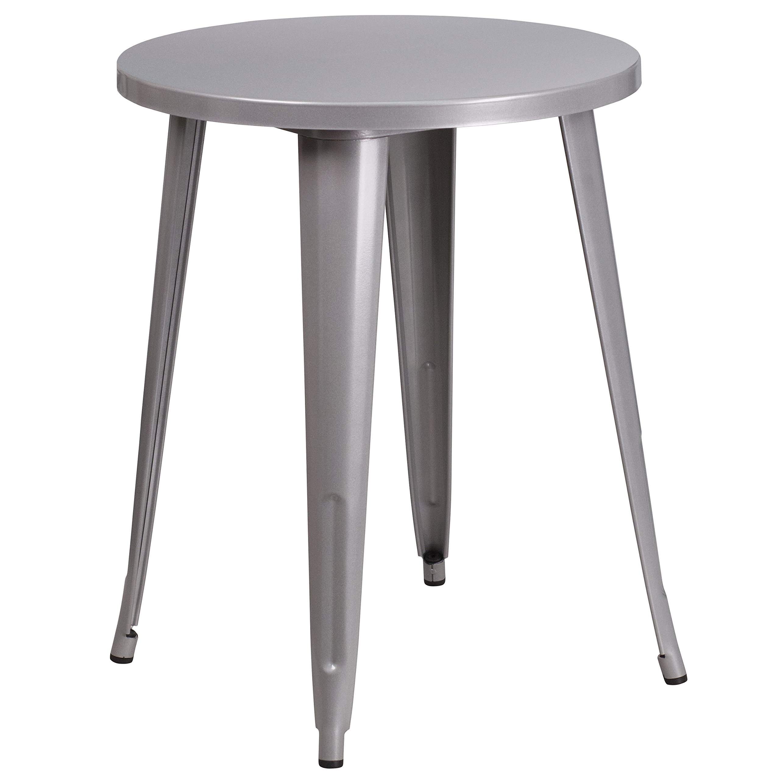 EMMA + OLIVER 24 Inch Round Silver Metal Table - Commercial Grade Indoor Outdoor Dining Table for Restaurants, Patios, Cafes & Home Use