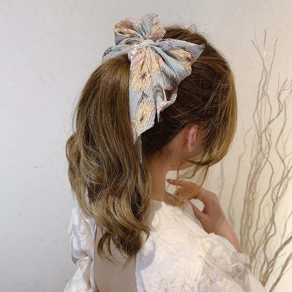 ASG Floral Korean Pearl Chiffon Bow Hair Clip - Large Bowknot Spring Hairpin for Women & Girls, Strong Hold Hair Accessory for Wedding, Party & Daily Use