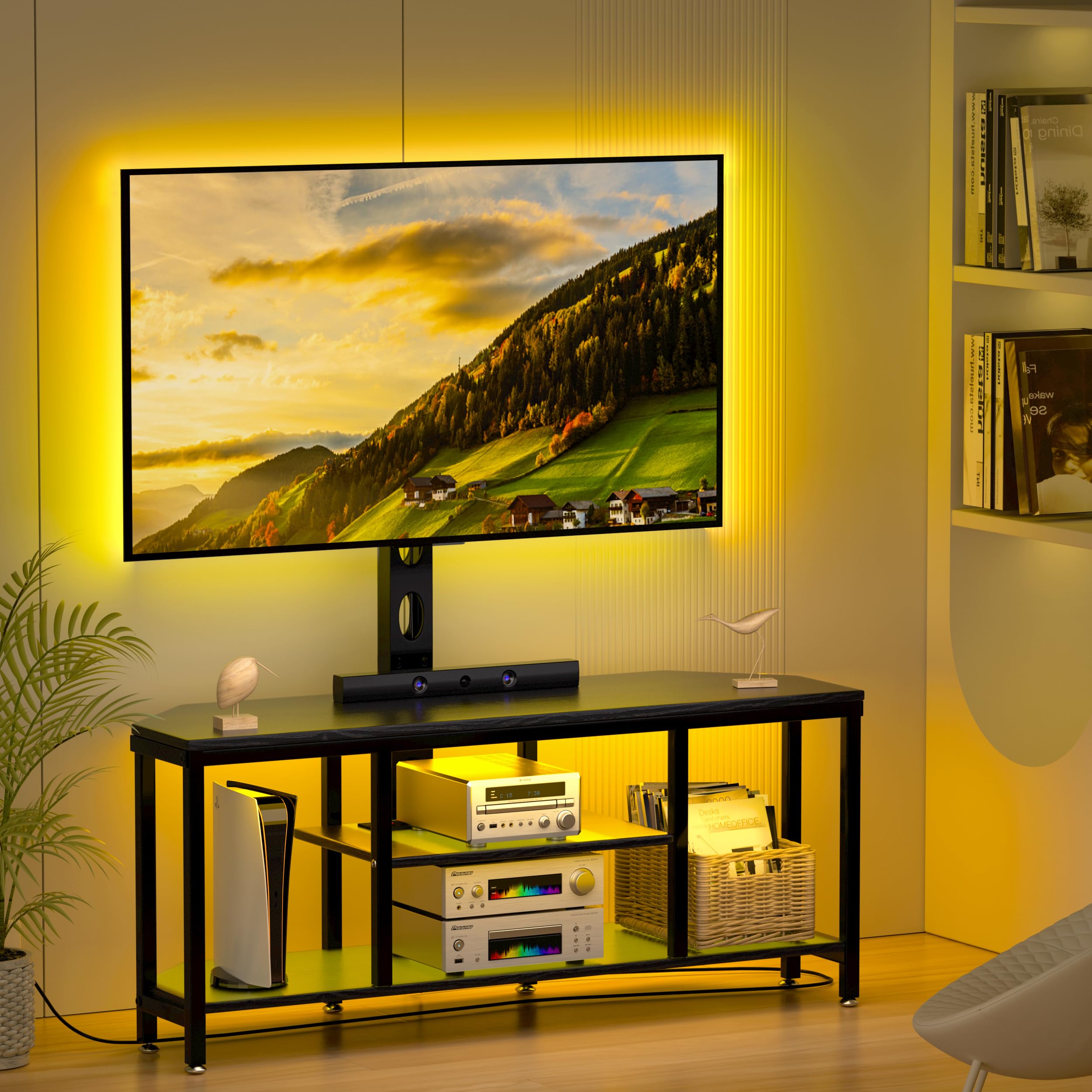 Universal Corner TV Stand with Mount for 32-65 Inch TVs - Adjustable Height Swivel TV Console with LED Lights, Wood & Steel Entertainment Center with Built-in Power Outlet & Storage Cabinet - Perfect for Living Room, Bedroom or Home Theater Setup (Black)