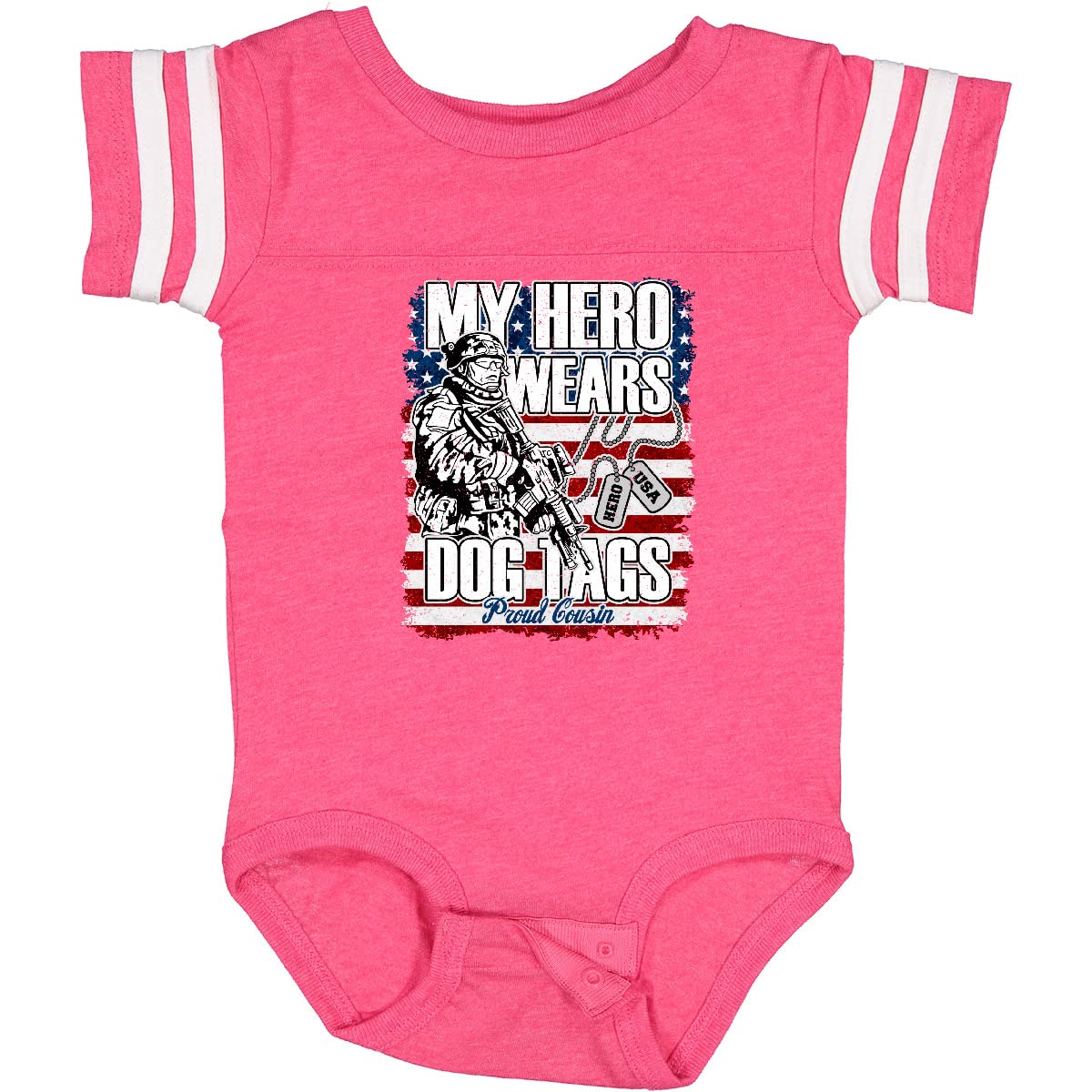 Inktastic My Cousin Wears Dog Tags Hero USA Flag Baby Bodysuit - Patriotic Military Apparel for Infants & Toddlers - Perfect for Veterans Day, Memorial Day & Family Gatherings