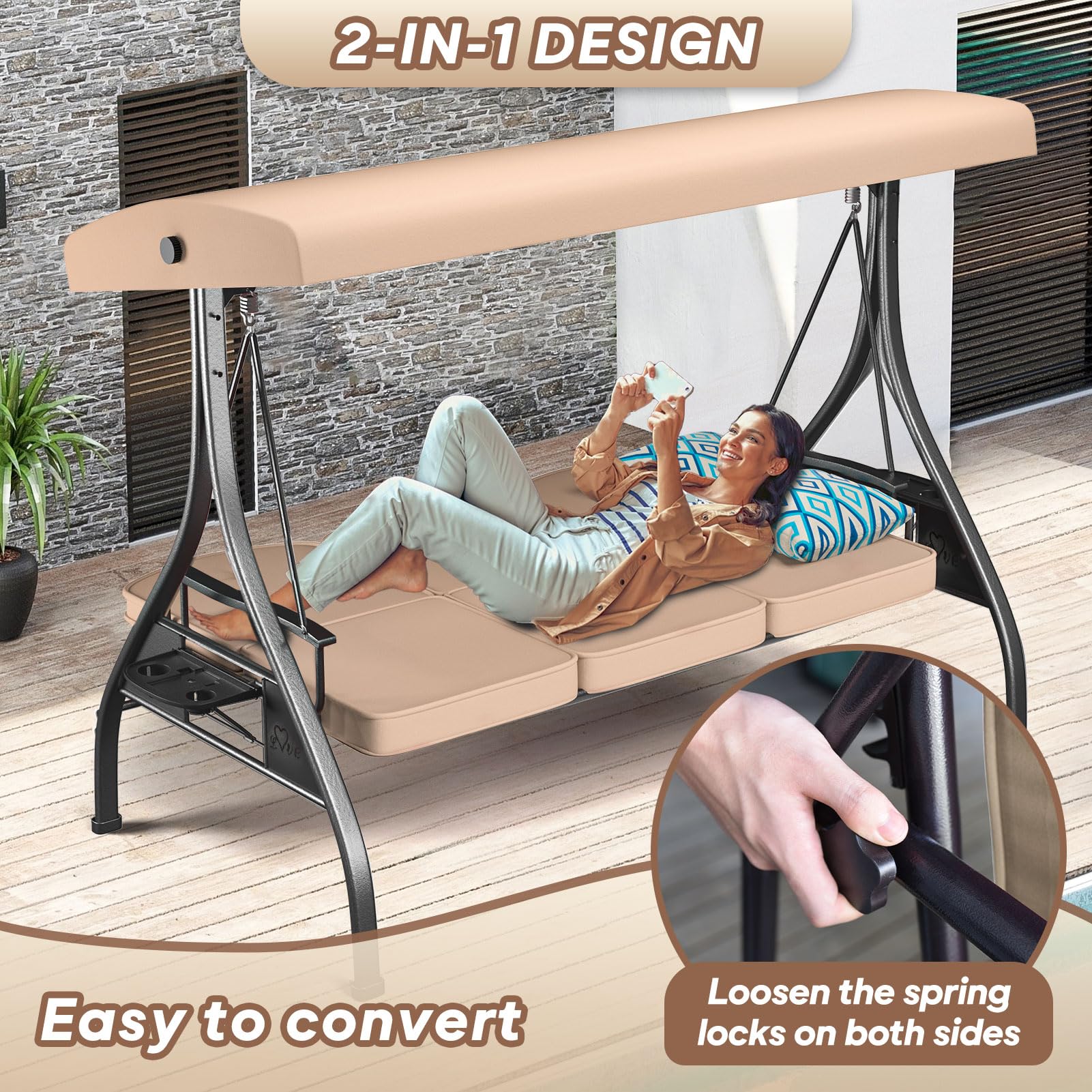 3-Seat Outdoor Porch Swing with Stand - 800lb Capacity, Adjustable Canopy & Removable Cushions - 2-in-1 Patio Glider Chair for Yard, Garden, Deck - Durable Square Tube Frame (Khaki) - Perfect for Relaxing, Lounging & Outdoor Entertaining