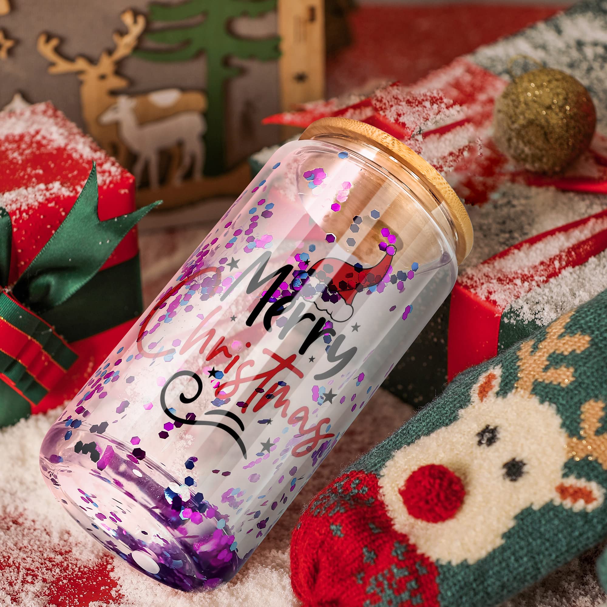 AGH 16oz Sublimation Snow Globe Glass Tumbler Blanks - 25 Pack Double Wall Clear Glass Cups with Bamboo Lids & Glass Straws - DIY Sublimation Beer Can Glasses for Custom Designs, Parties & Gifts - Pre-Drilled Holes for Easy Snowglobe Crafting