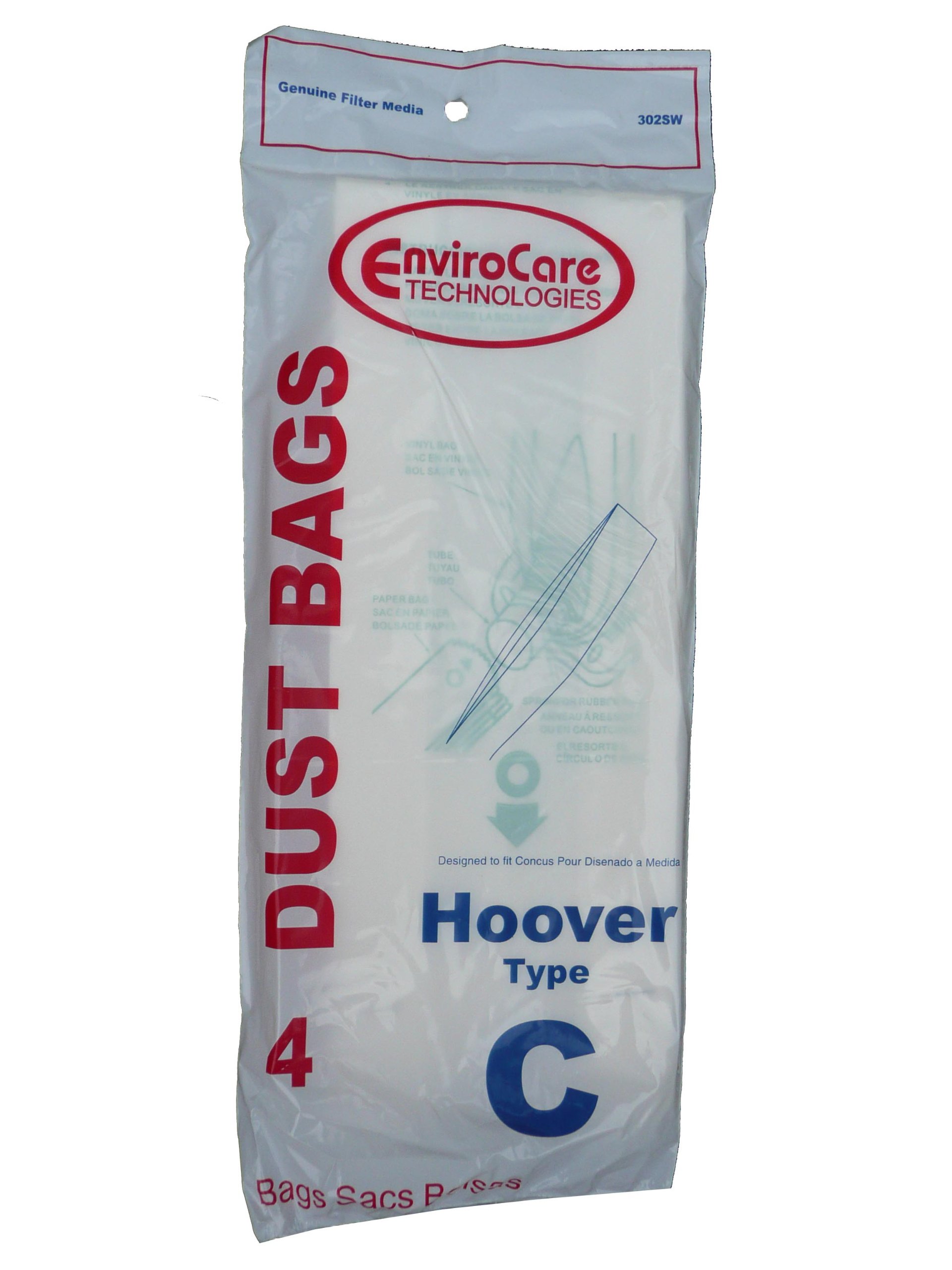 4 Pack Hoover Type C Vacuum Bags - Compatible with Convertible Upright & Bottom Fill Vacuum Cleaners (Fits Models 43651-050, 43651050, 4010003C, 4010077C, 1340-1390 Series) - Lightweight Dust Bags for Easy Home & Office Cleaning