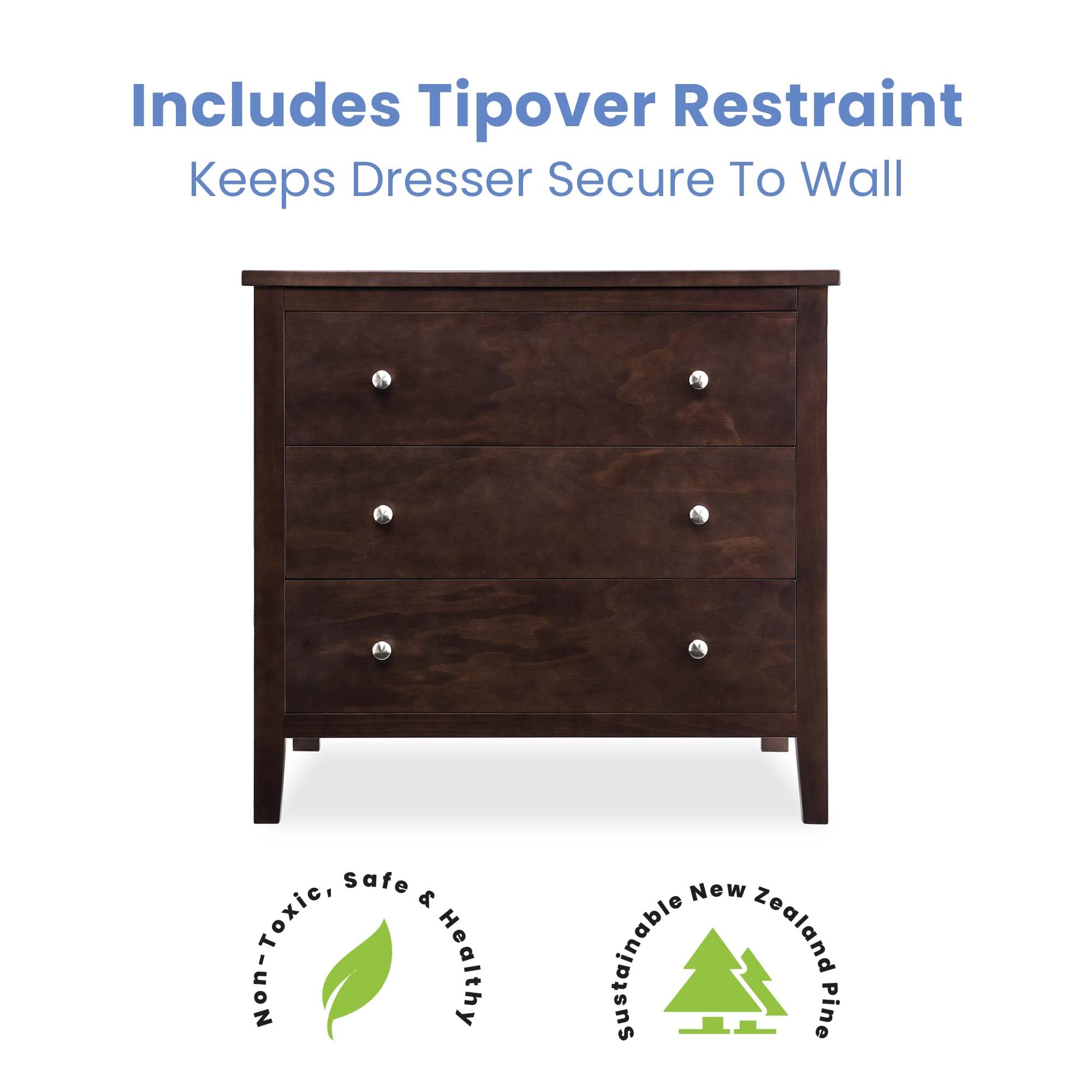 Delta Children Campbell 3-Drawer Dresser in Walnut Espresso - Perfect for Nursery, Kids Room & Bedroom Storage