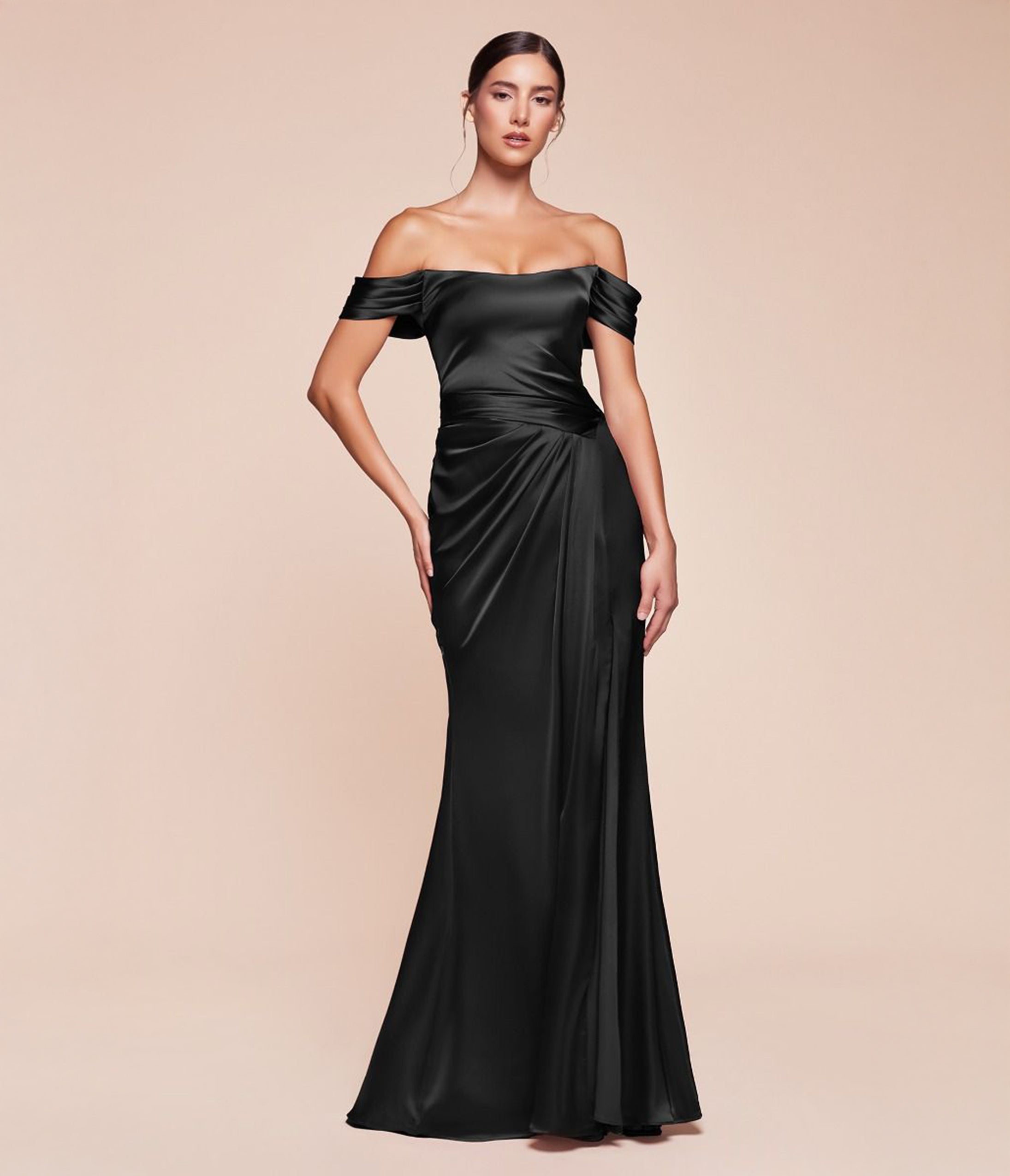 Ladivine by Cinderella Black Divine Off Shoulder Lace Up Corset Satin Evening Gown - Perfect for Prom, Wedding, and Formal Events