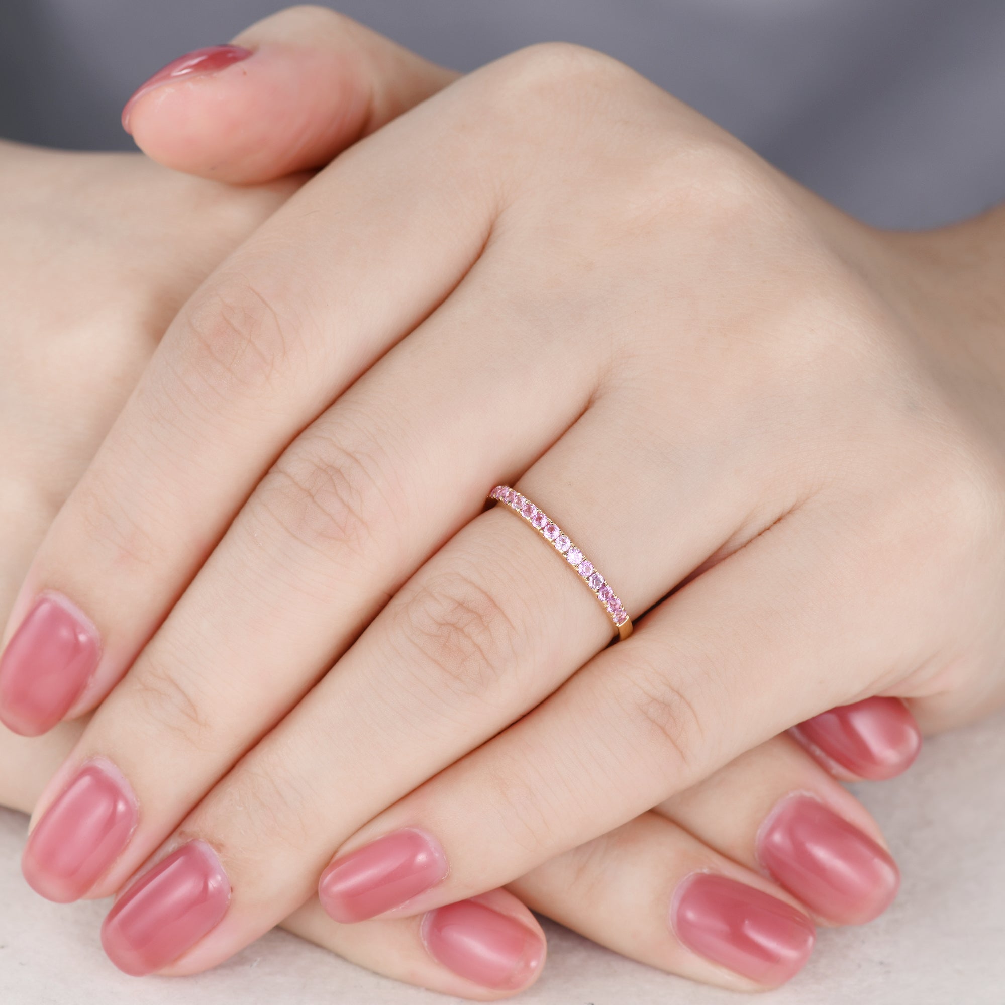 Natural Pink Sapphire Wedding Ring - 14k Rose Gold Half Eternity Band with Micro Pave (1.5mm) | Perfect for Engagement, Anniversary & Bridal Jewelry Gifts