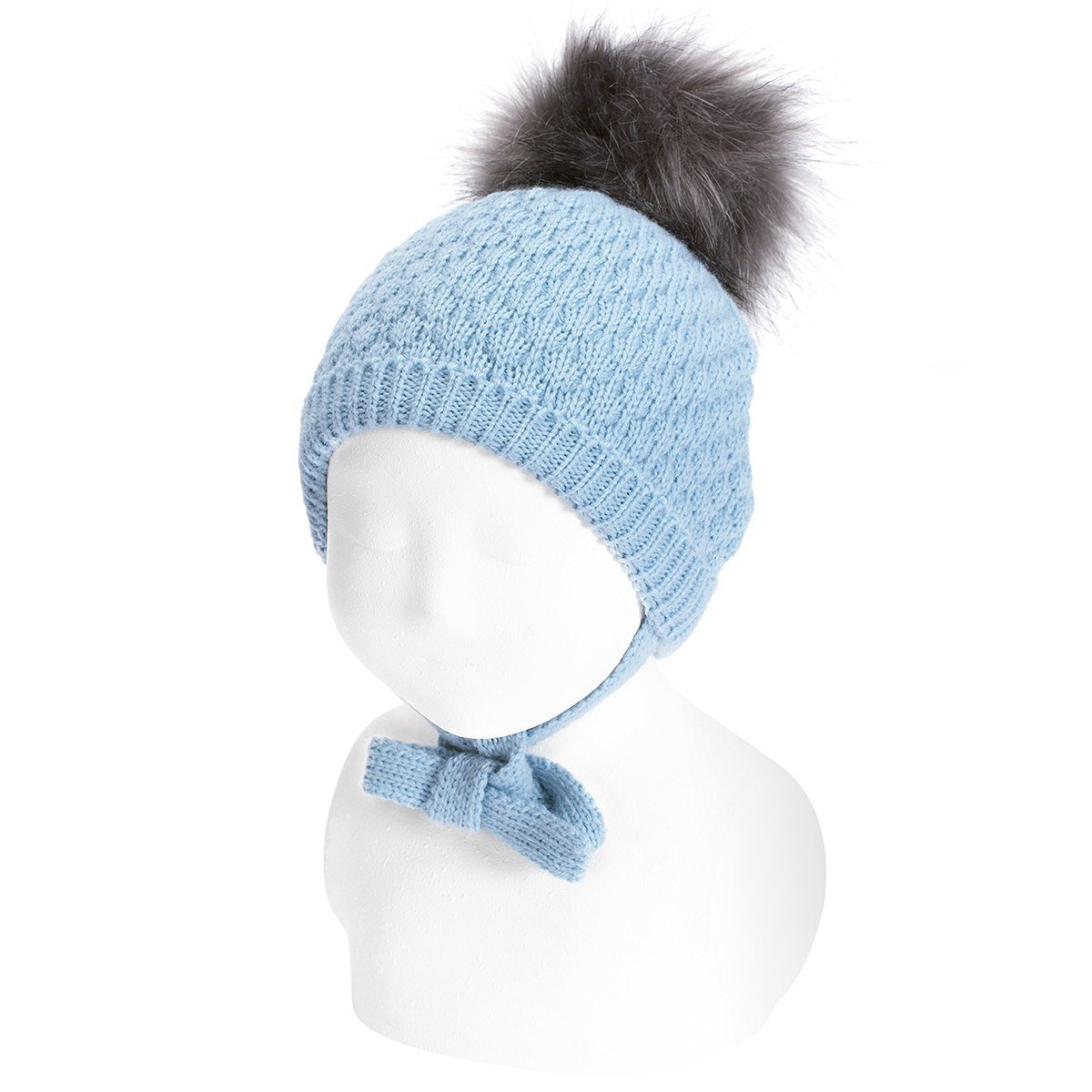 Stylish Cloud Blue Faux Fur Winter Hat with Pom Poms & Ties - Cozy Beanie for Women, Outdoor Activities & Cold Weather Fashion