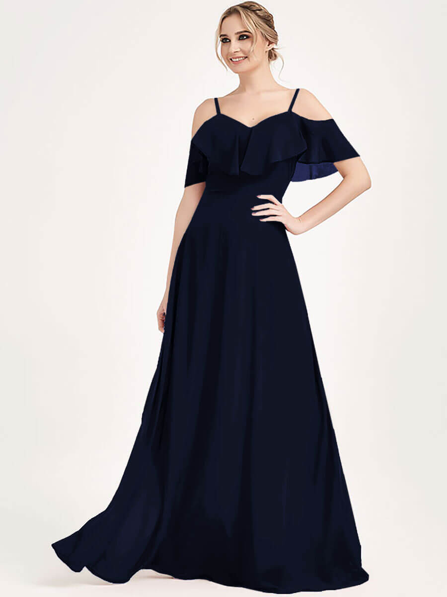 Dark Navy Chiffon Cold Shoulder Convertible Bridesmaid Dress - 3-Way Styling for Weddings, Parties & Formal Events