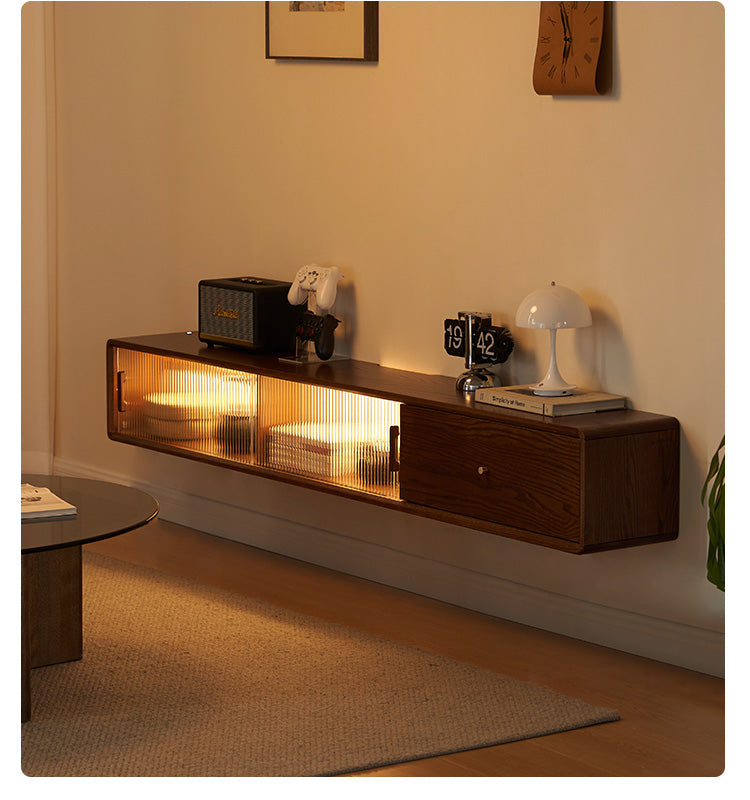 Solid Oak Wood Floating Glass Sliding Door TV Stand - Modern Entertainment Center for Living Room & Home Theater