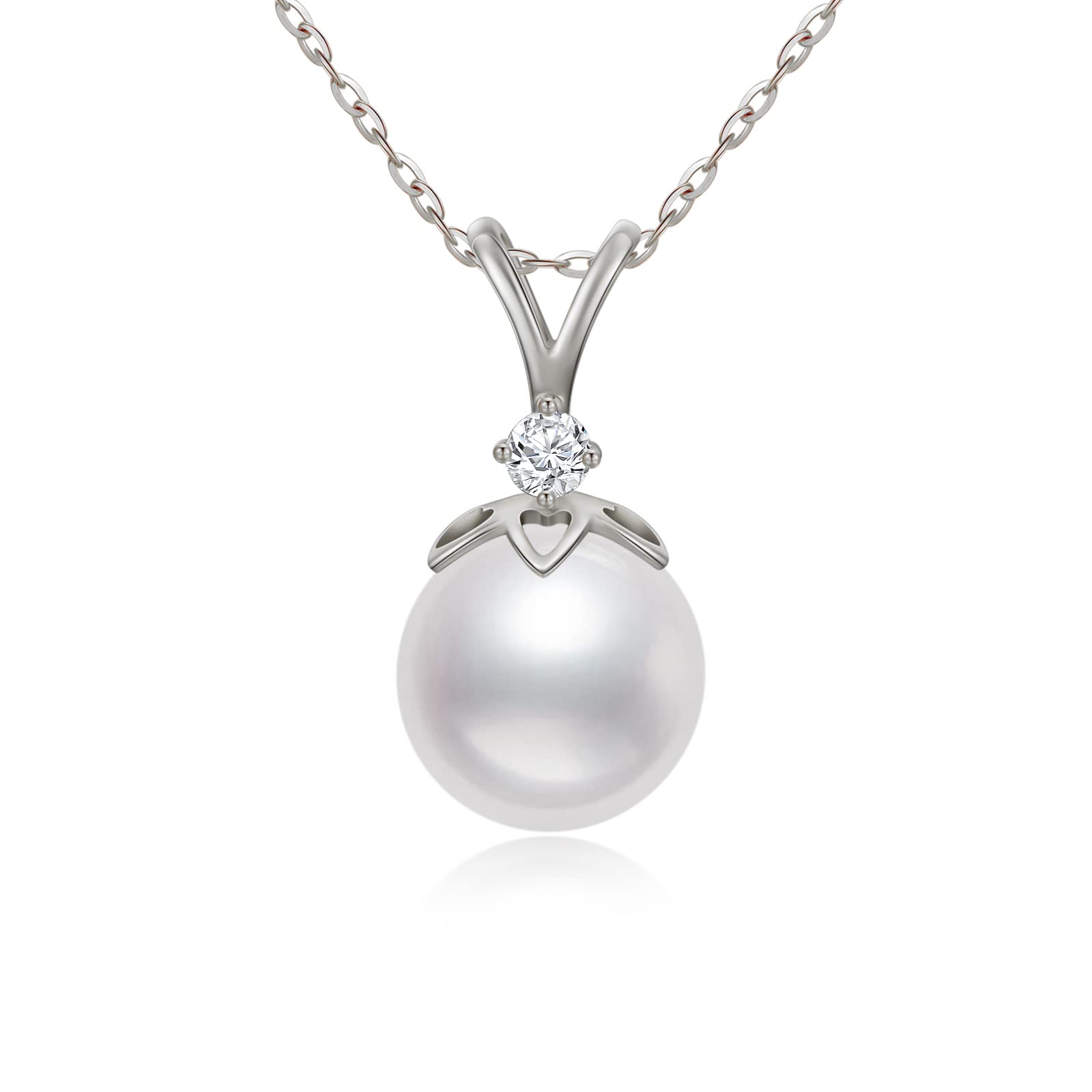 14K Gold Plated Diamond Necklace for Women - Sterling Silver 9mm Freshwater Pearl Pendant Jewelry Gift - Elegant Necklace for Wedding, Anniversary, Birthday & Special Occasions